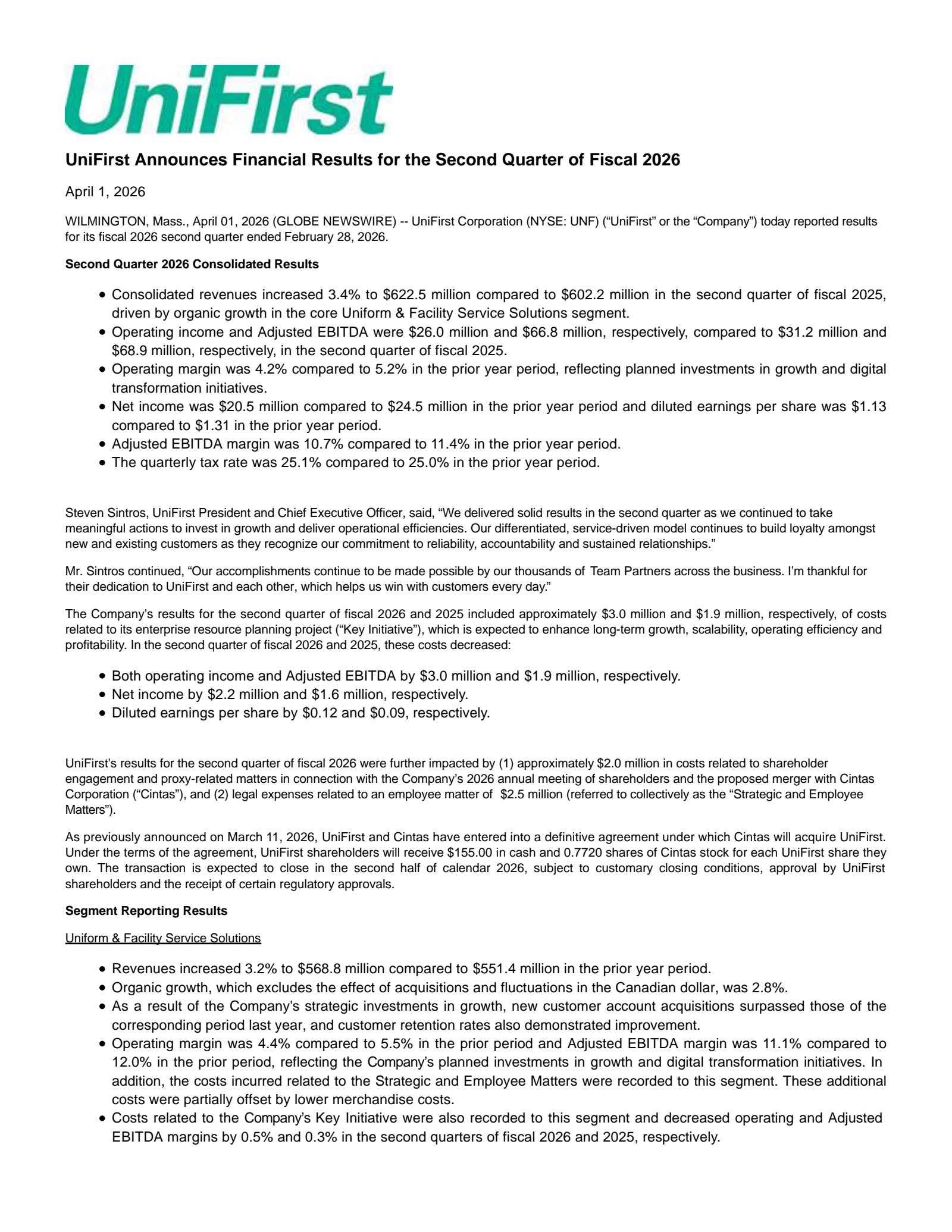 UniFirst's Q2 2026 Press Release