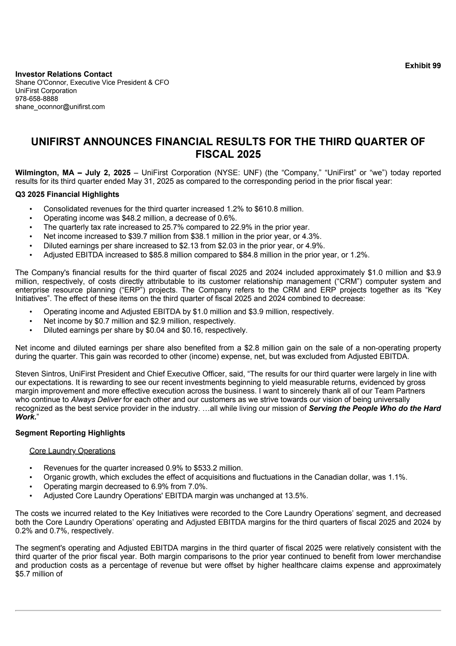 Unifirst's Q3 2025 Press Release