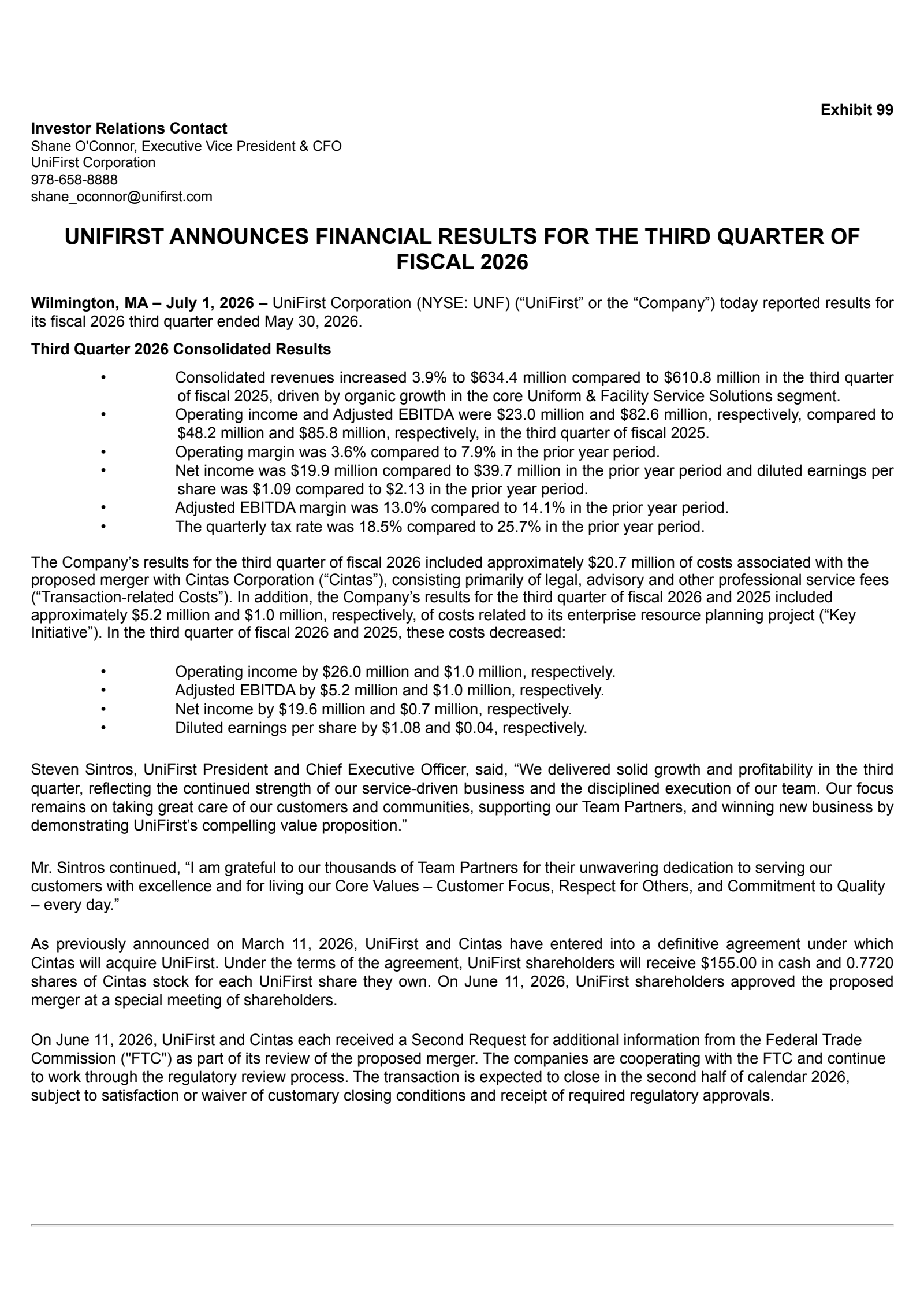 UniFirst's Q3 2026 Press Release