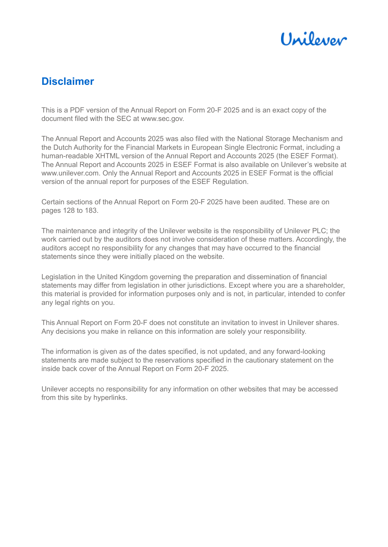 Unilever's H2 2025 Annual report