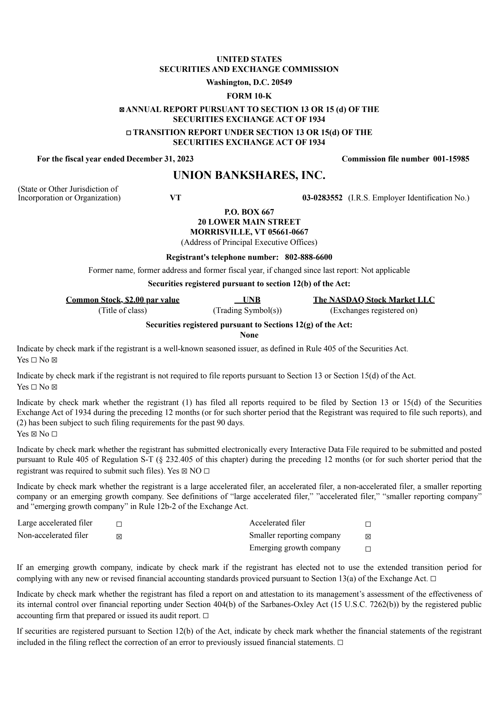 Union Bankshares' Q4 2023 Annual report