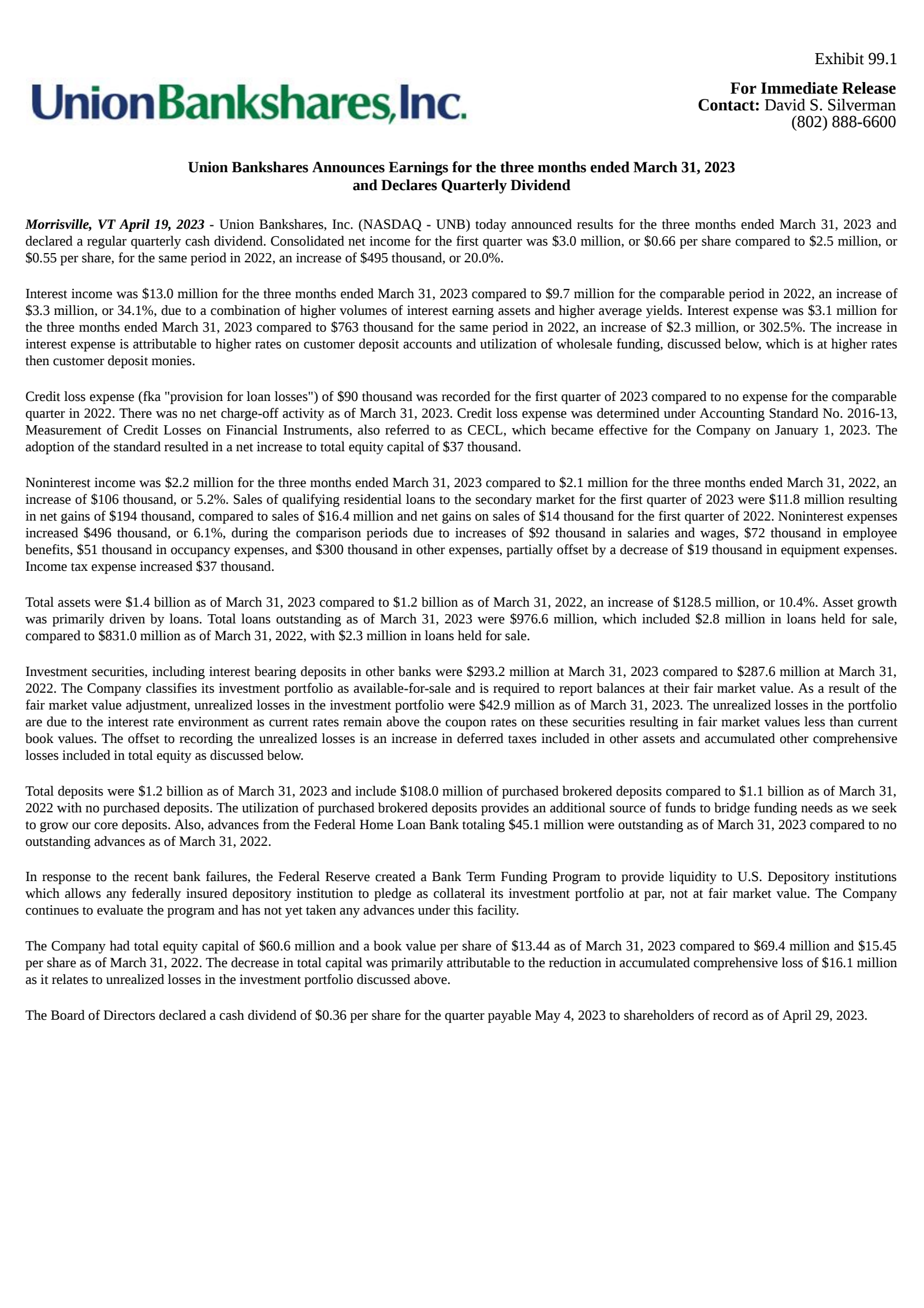 Union Bankshares' Q1 2023 Press Release