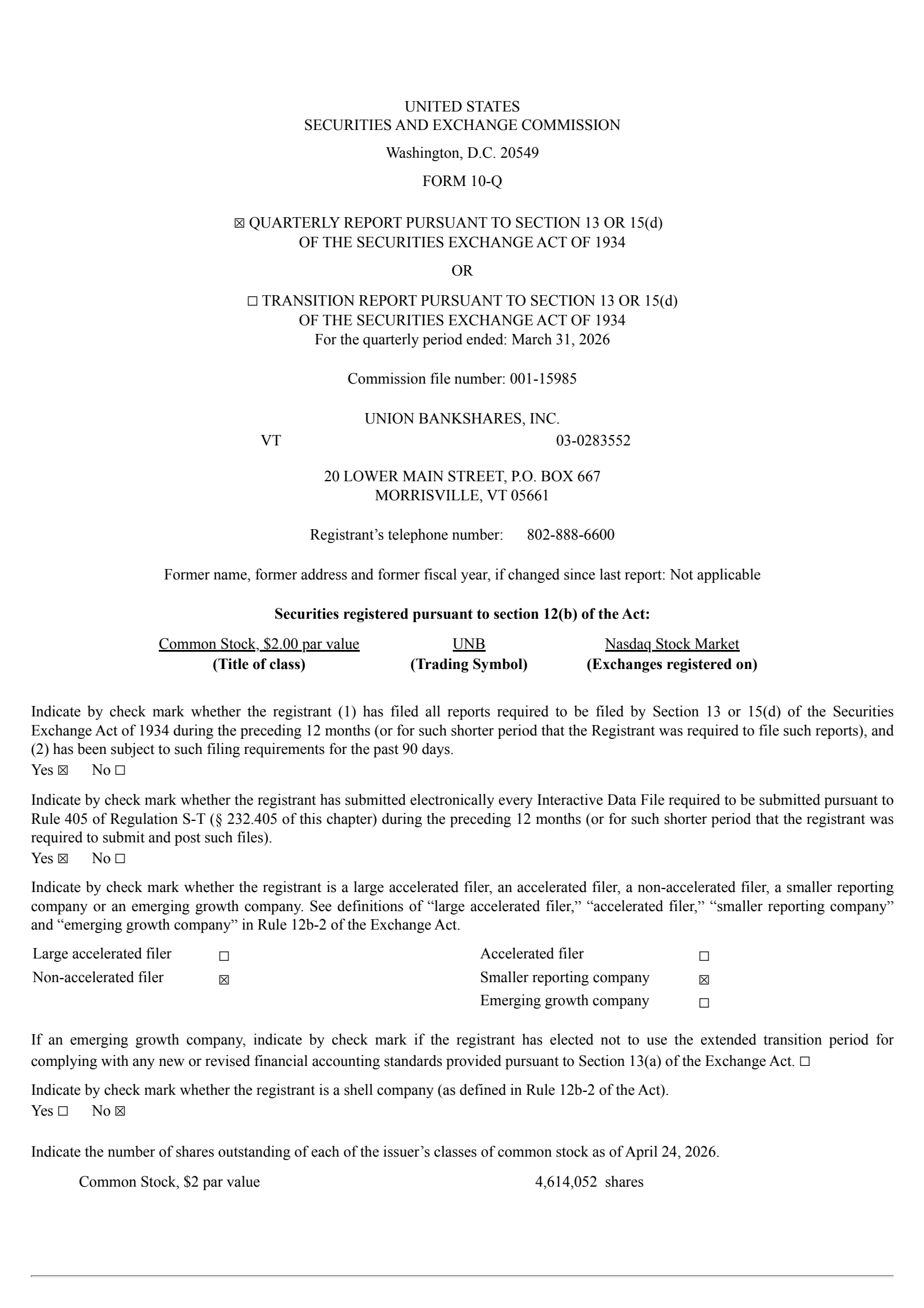 Union Bankshares' Q1 2026 Quarterly report