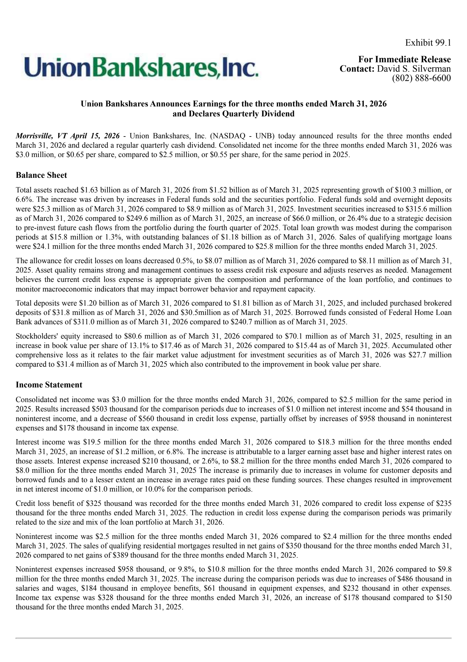 Union Bankshares' Q1 2026 Press Release