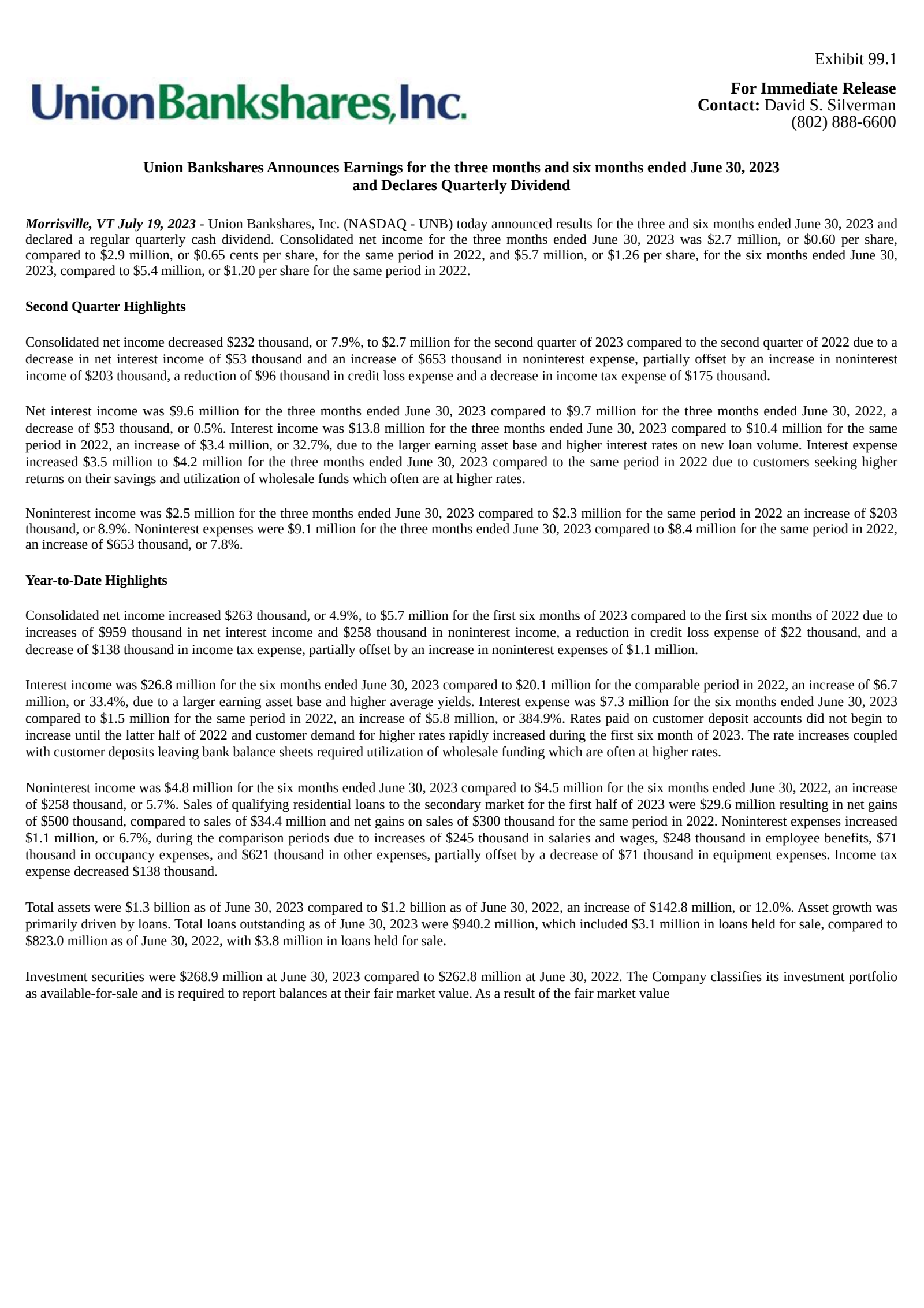 Union Bankshares' Q2 2023 Press Release