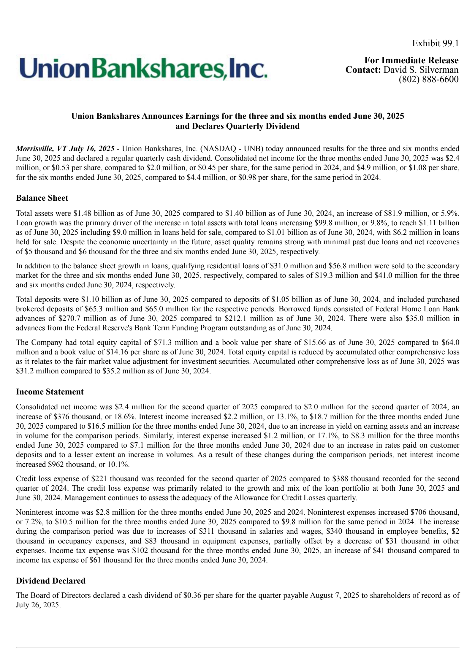 Union Bankshares' Q2 2025 Press Release