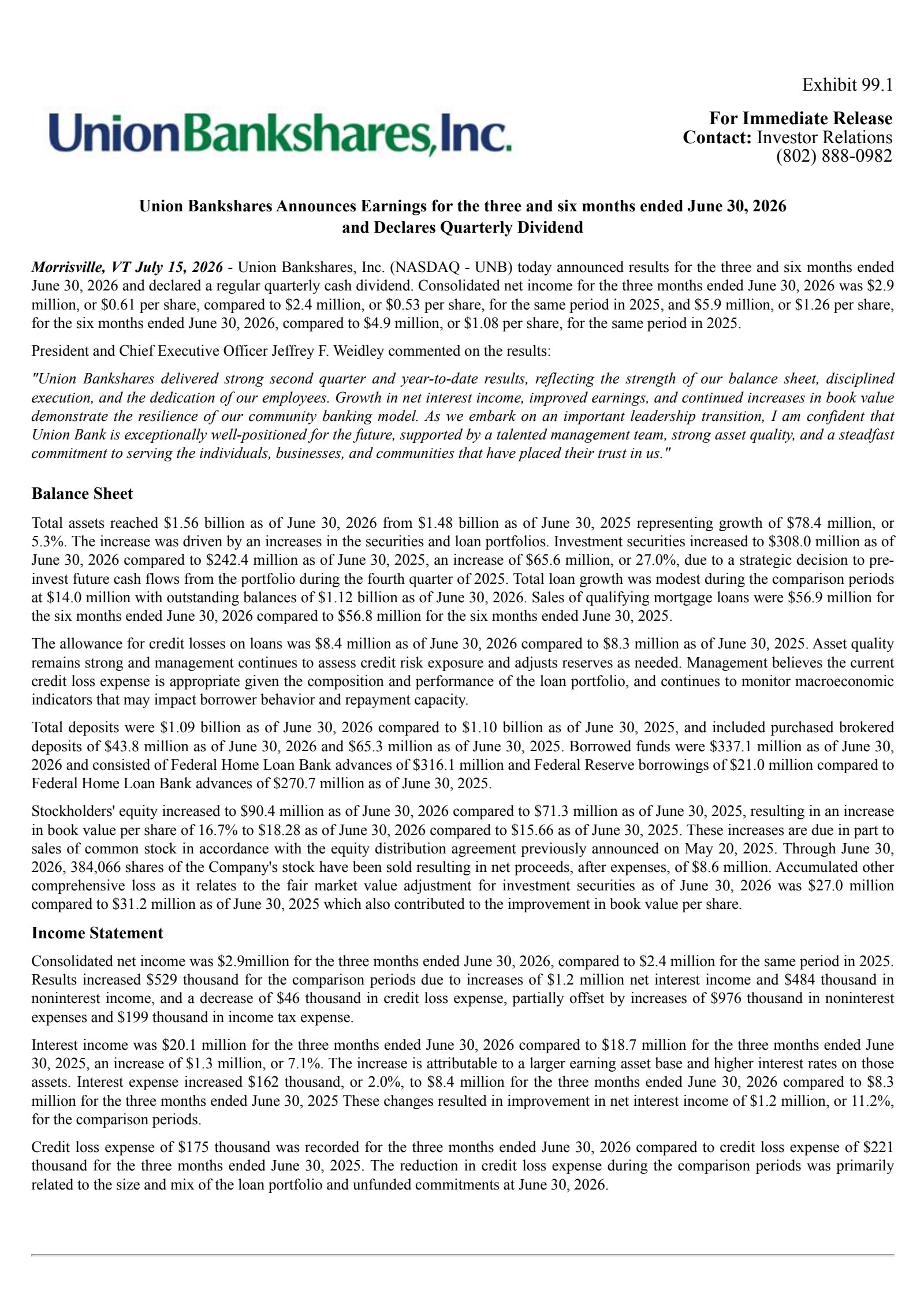 Union Bankshares' Q2 2026 Press Release