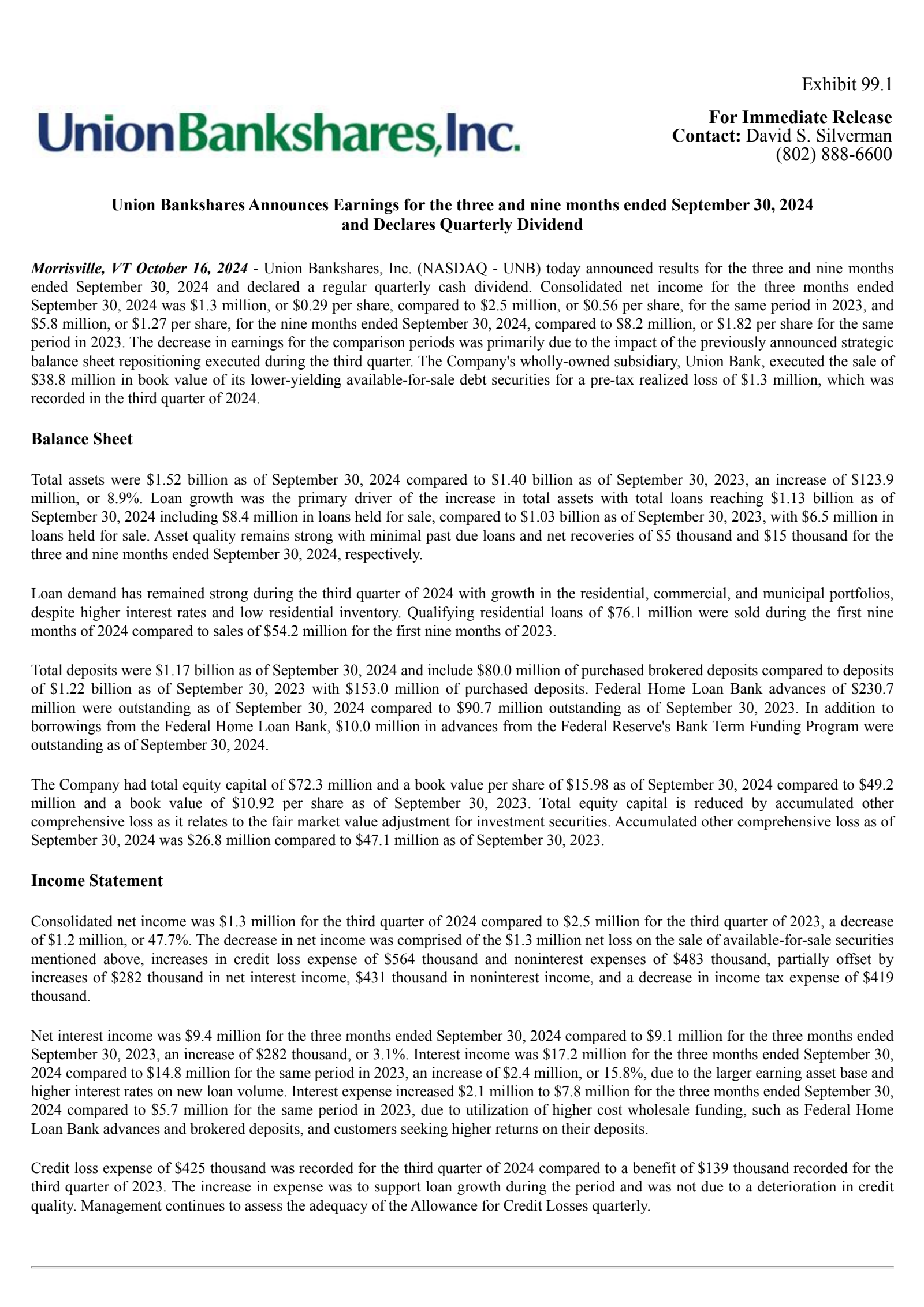 Union Bankshares' Q3 2024 Press Release