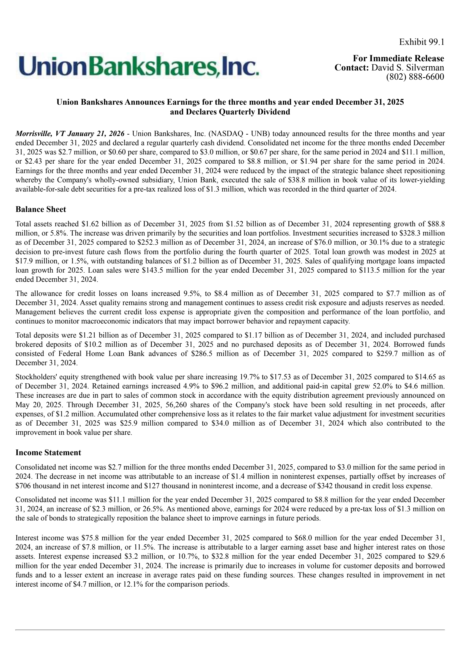 Union Bankshares' Q4 2025 Press Release