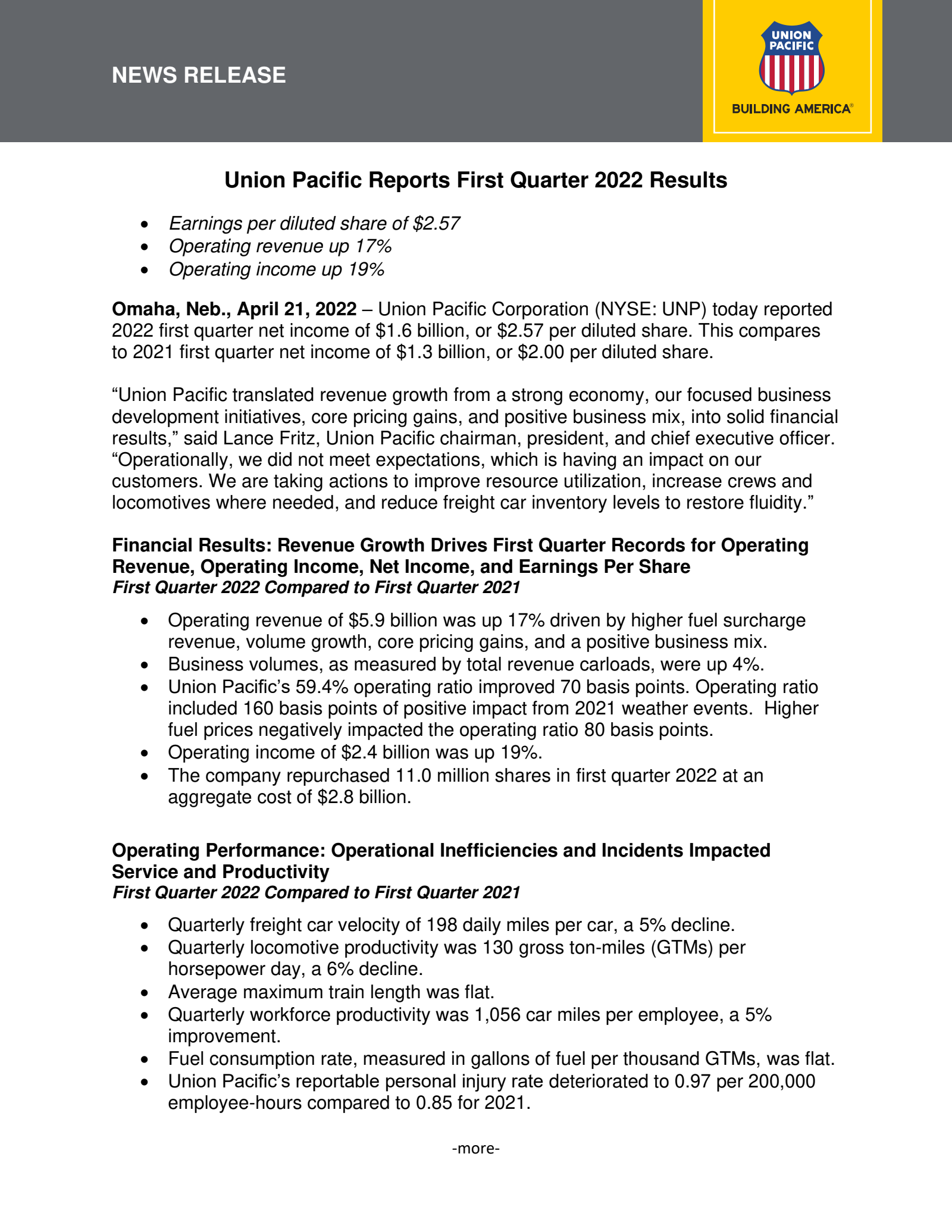 Union Pacific's Q1 2022 Press Release
