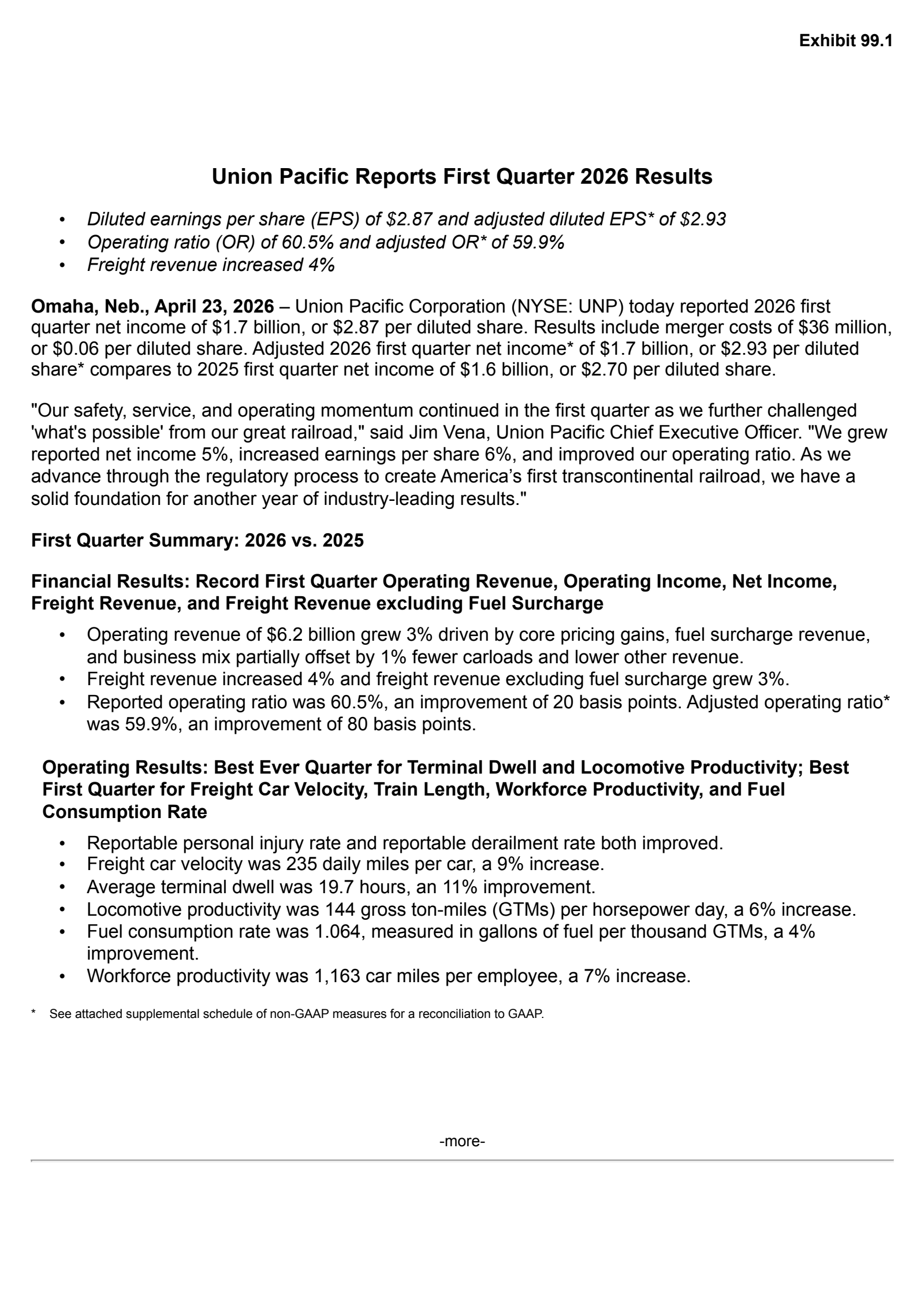 Union Pacific's Q1 2026 Press Release
