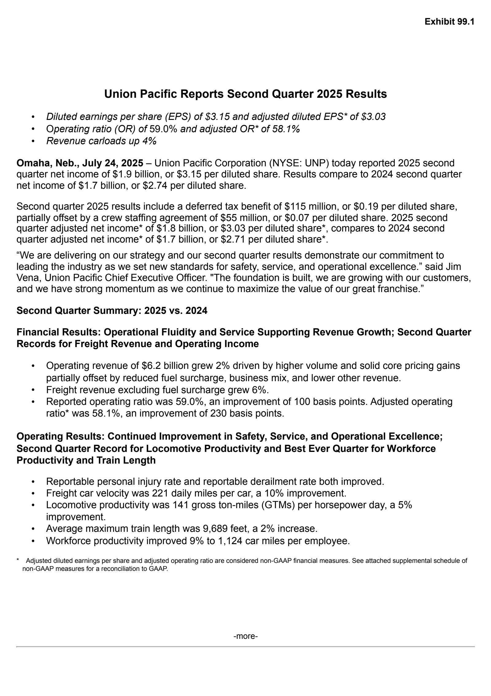 Union Pacific's Q2 2025 Press Release