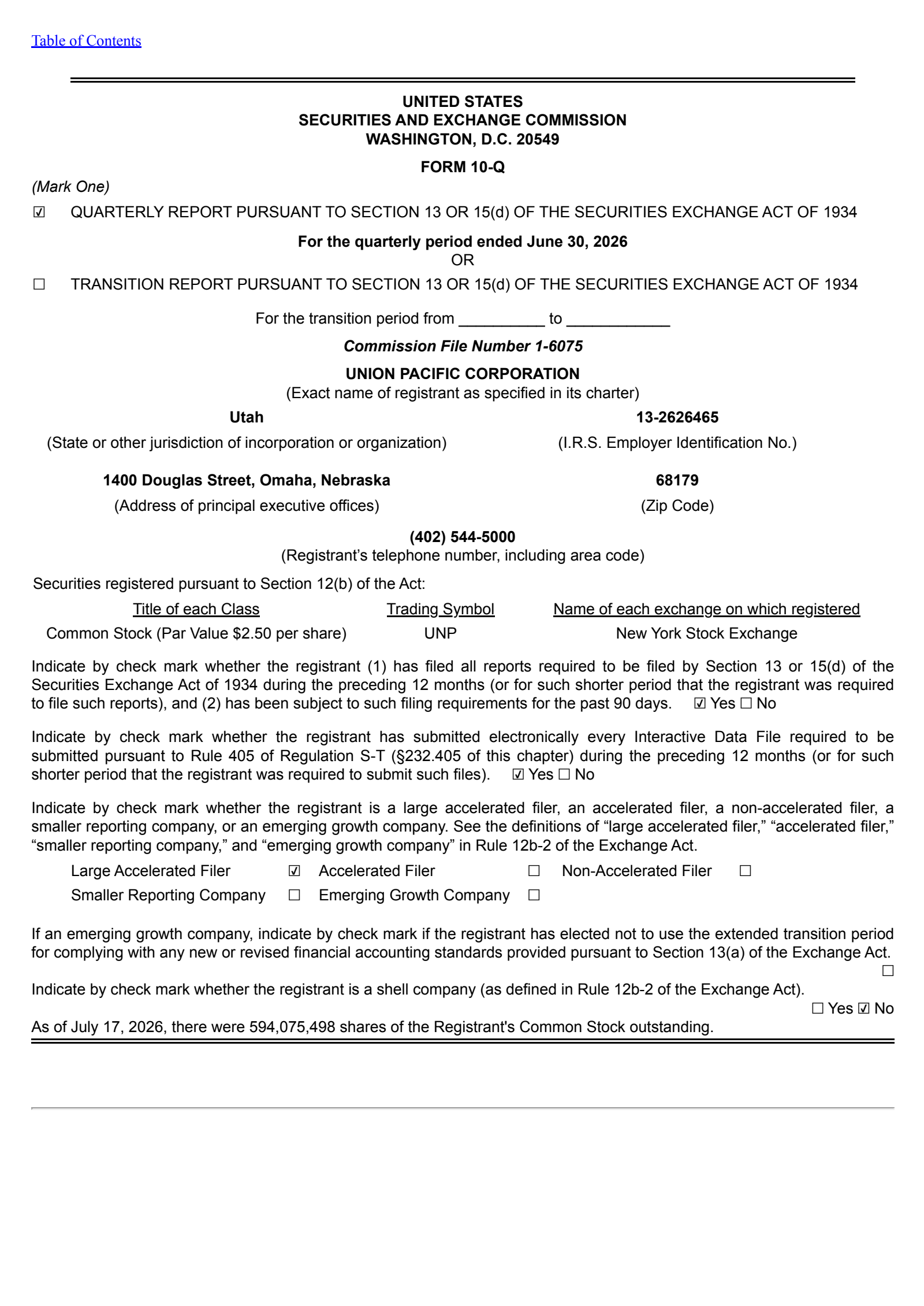 Union Pacific's Q2 2026 Quarterly report