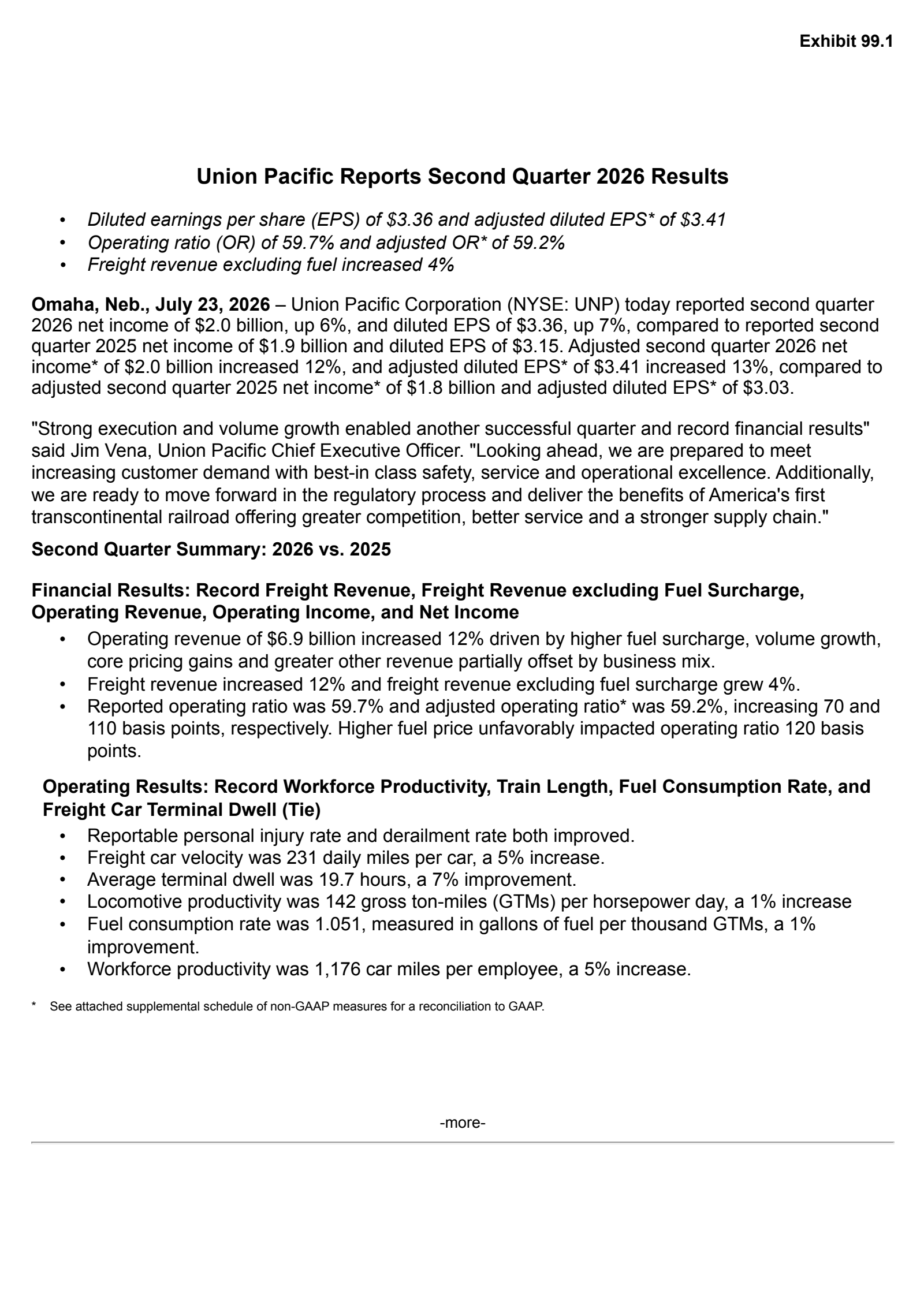 Union Pacific's Q2 2026 Press Release