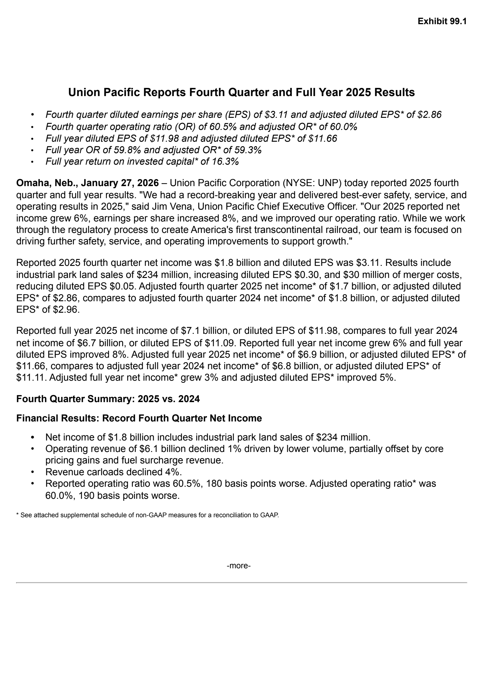 Union Pacific's Q4 2025 Press Release