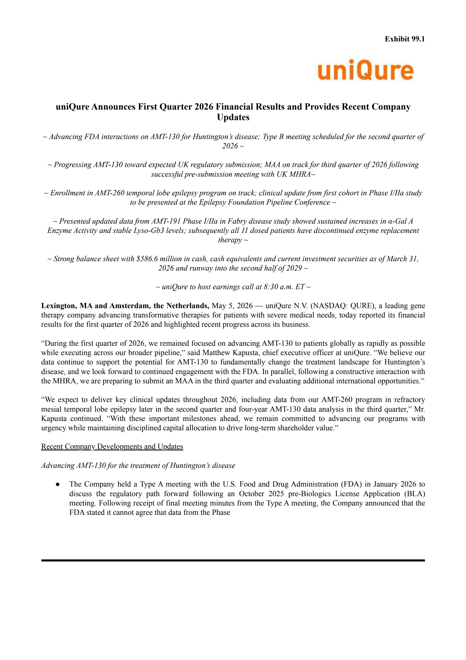 uniQure's Q1 2026 Press Release