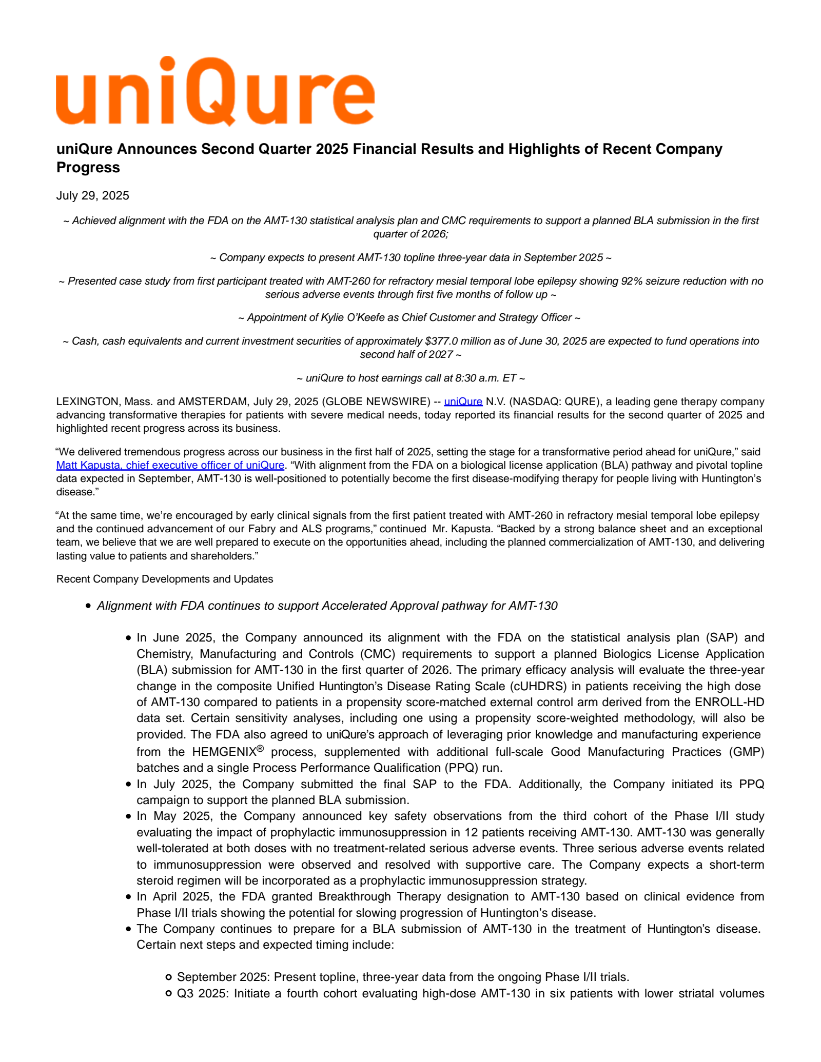 uniQure's Q2 2025 Press Release