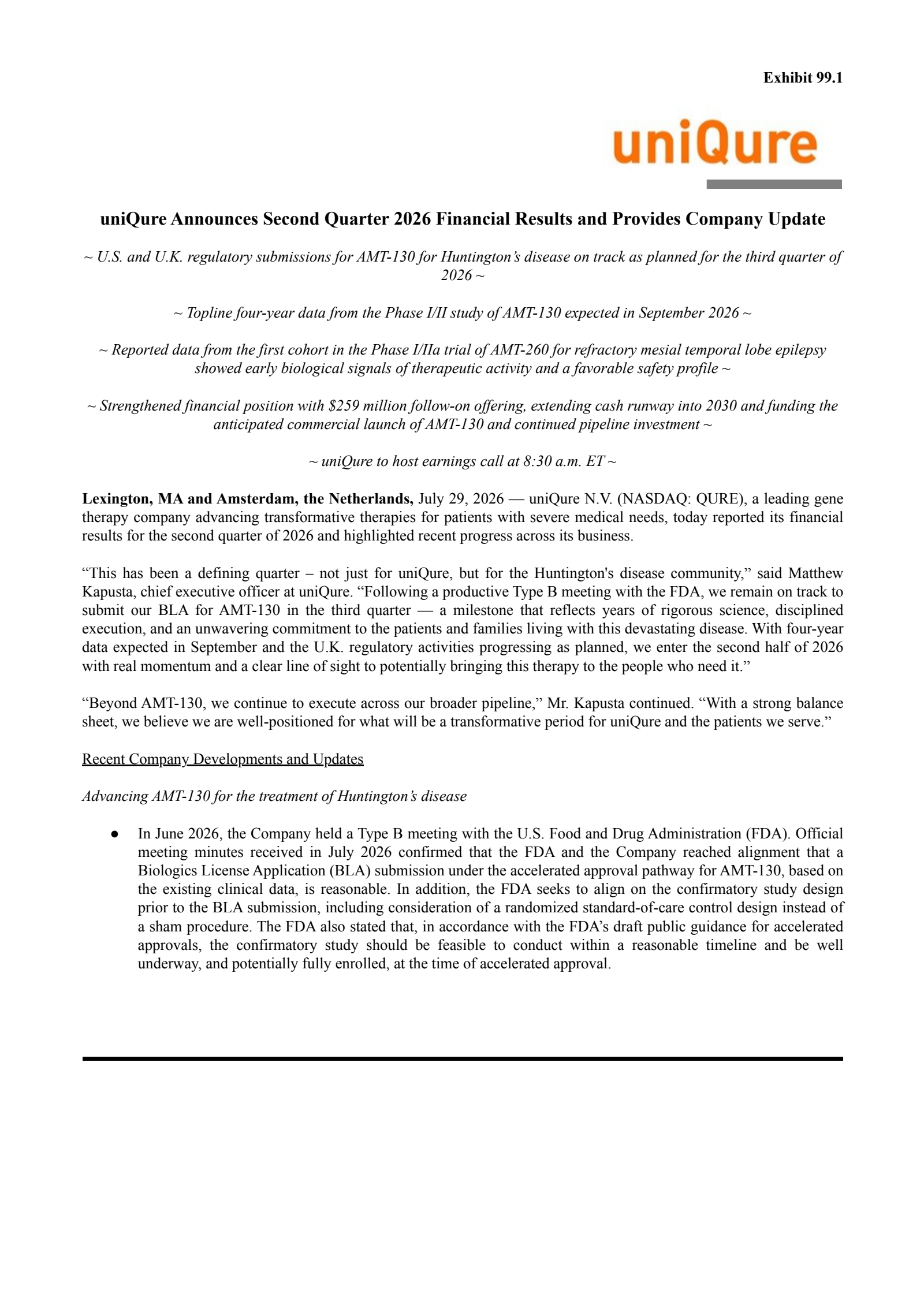 uniQure's Q2 2026 Press Release