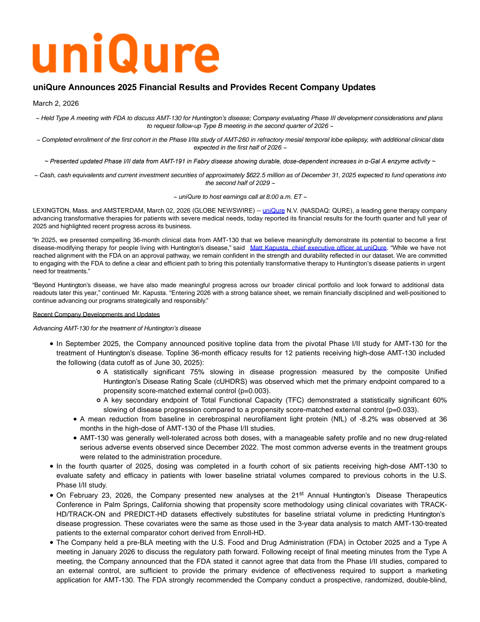 uniQure's Q4 2025 Press Release