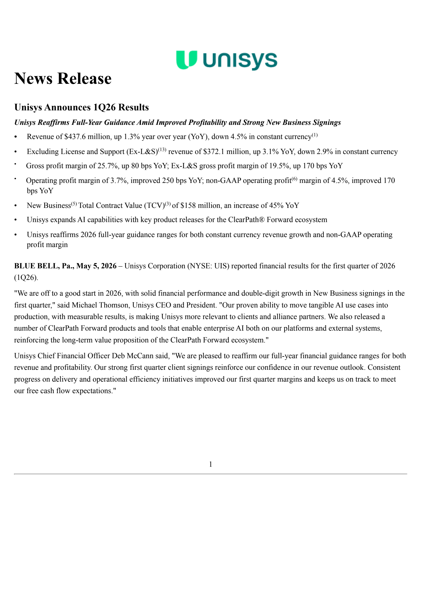 Unisys' Q1 2026 Press Release