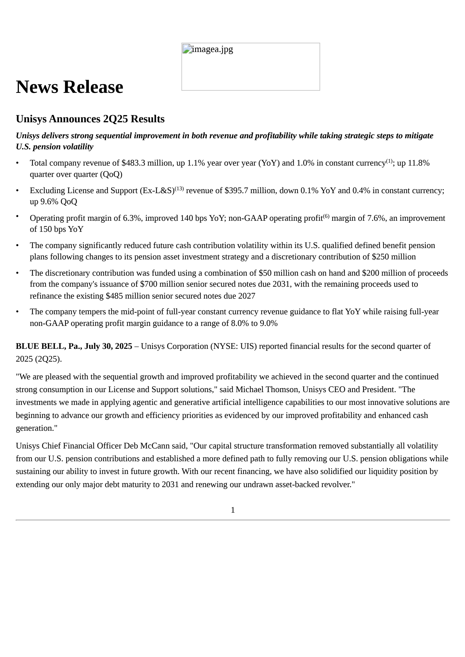 Unisys' Q2 2025 Press Release