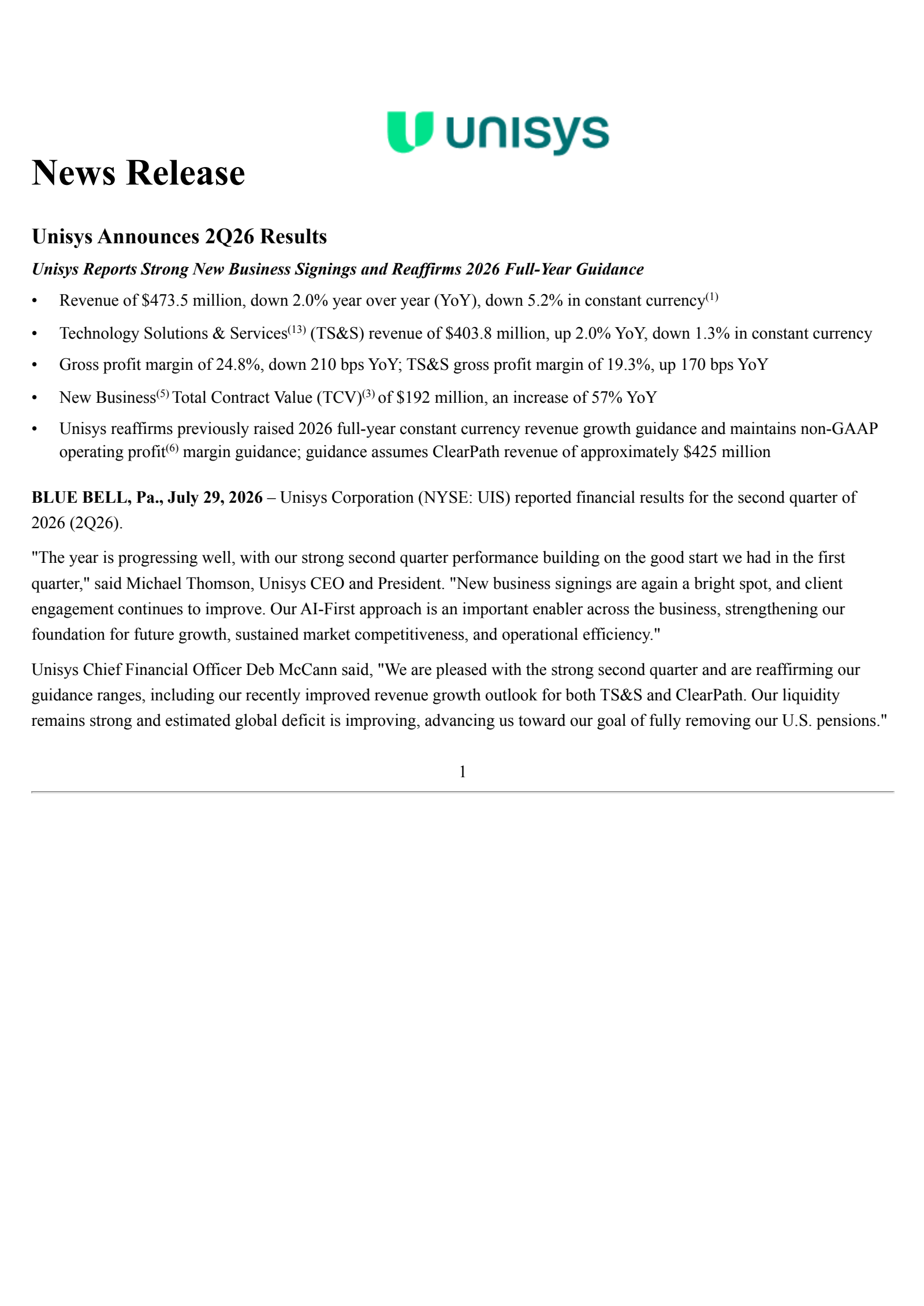 Unisys' Q2 2026 Press Release