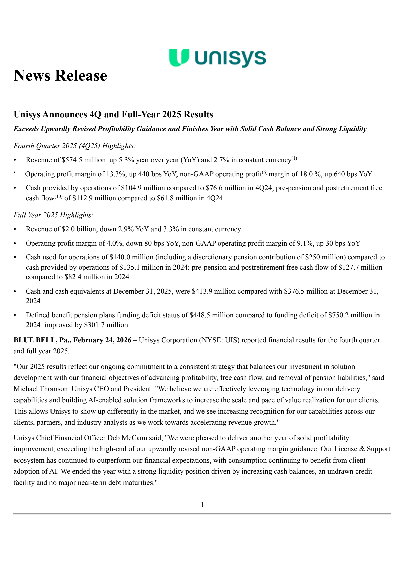 Unisys' Q4 2025 Press Release