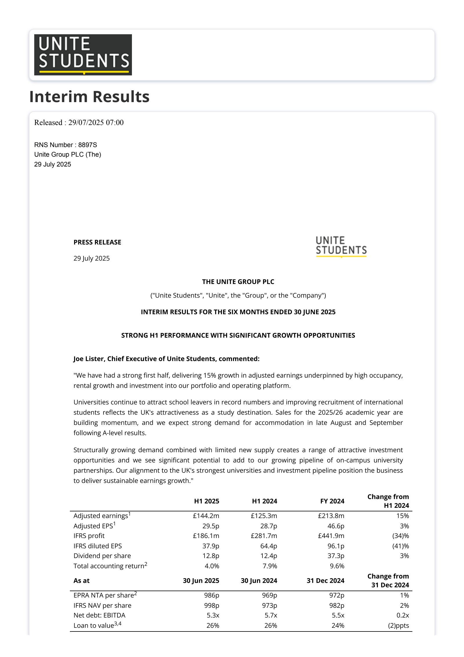Unite Group's H1 2025 Interim report