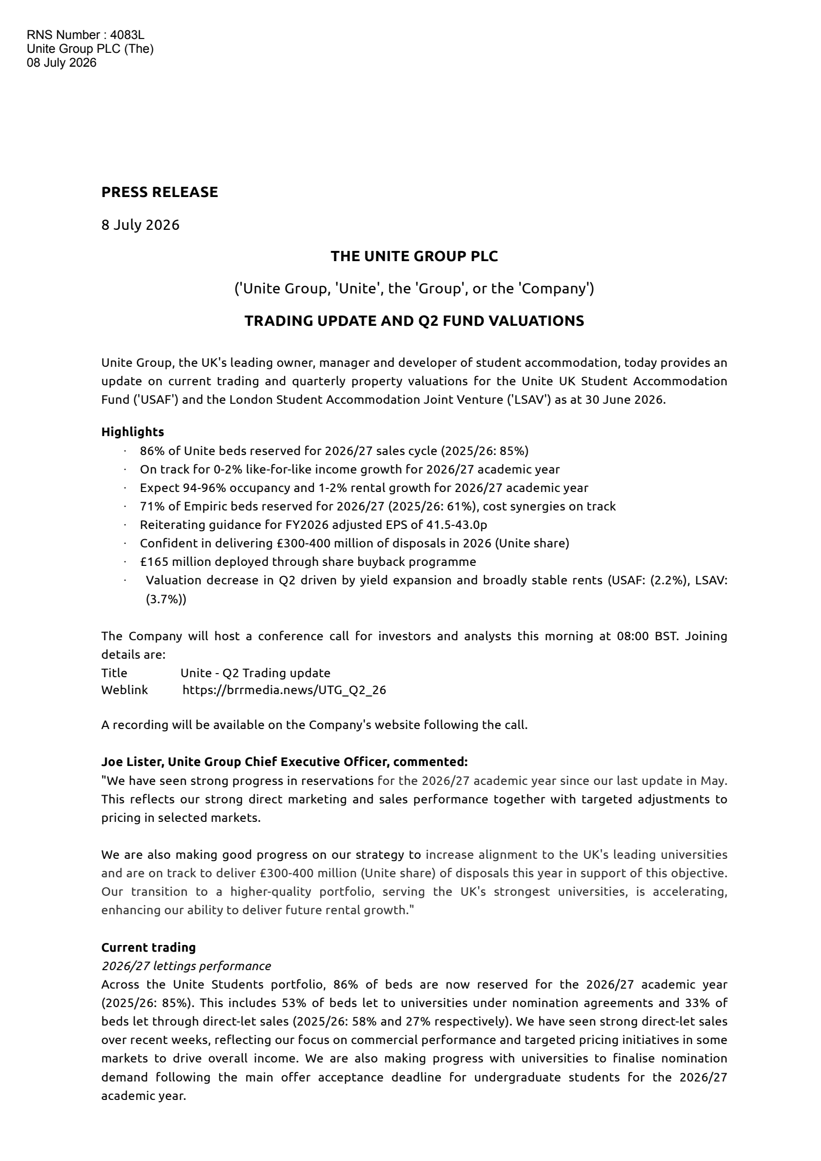 Unite Group's Q2 2026 TU Press Release