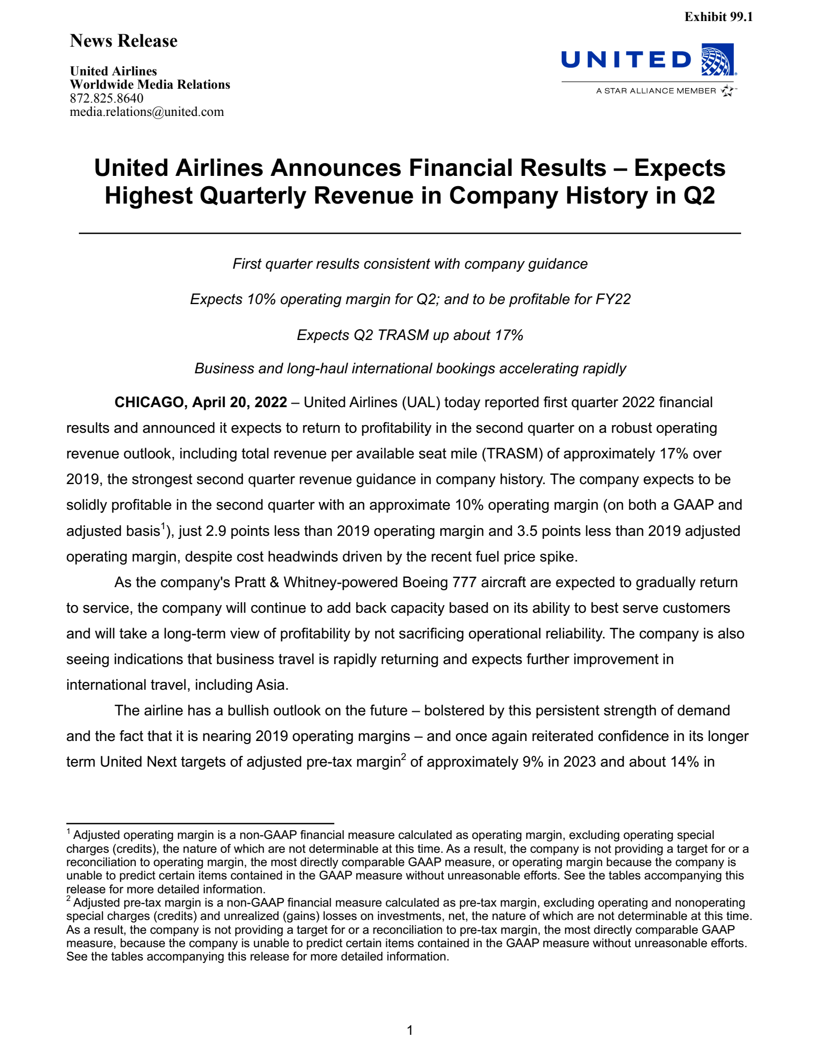 United Airlines' Q1 2022 Press Release