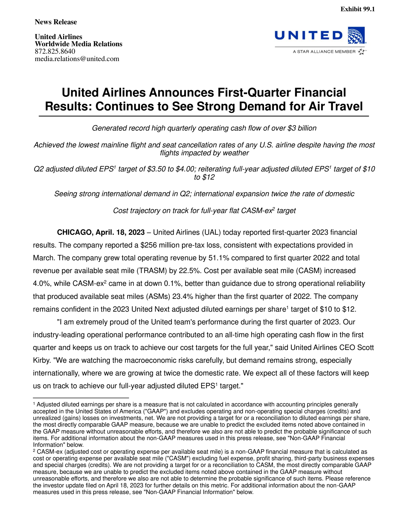 United Airlines' Q1 2023 Press Release