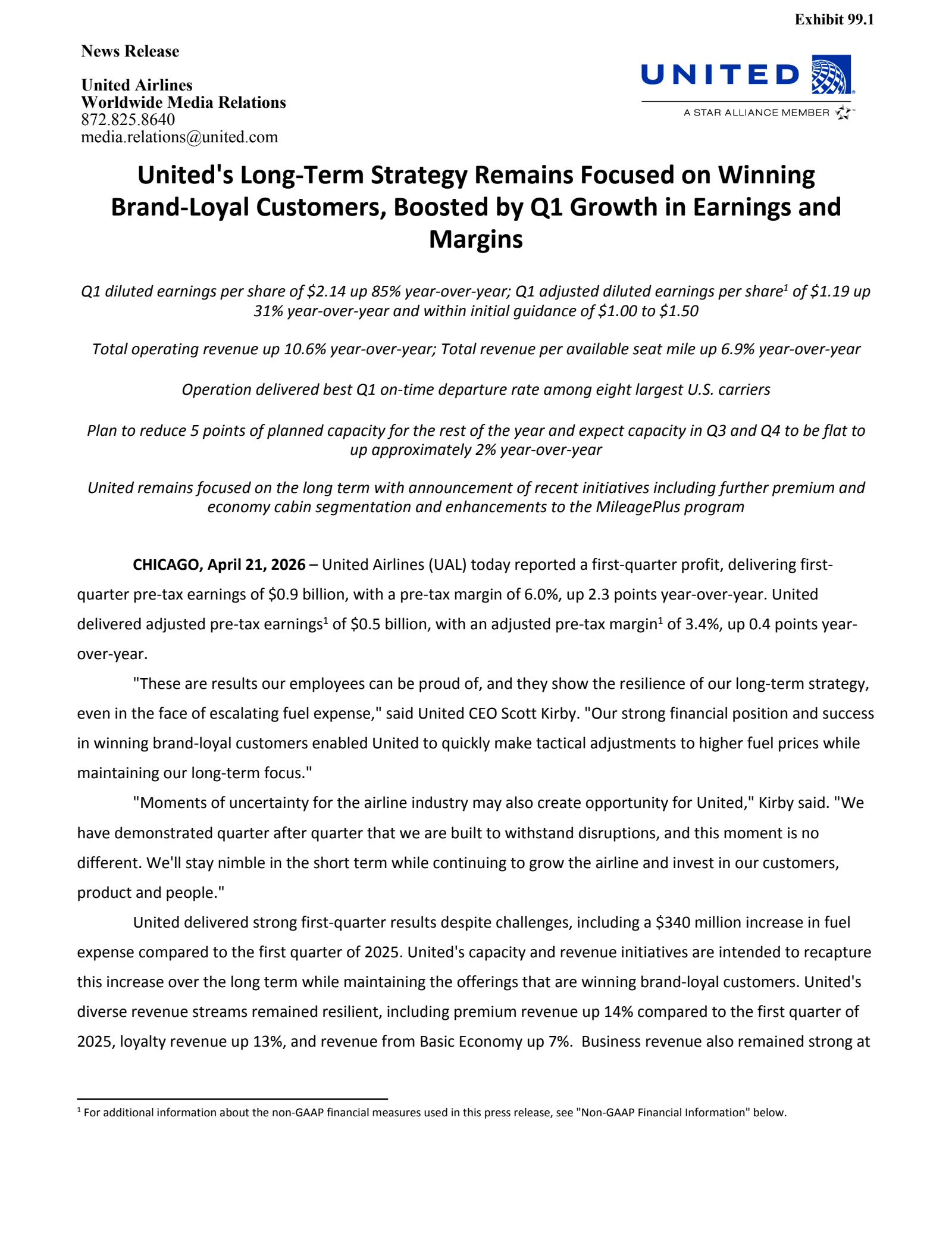 United Airlines' Q1 2026 Press Release