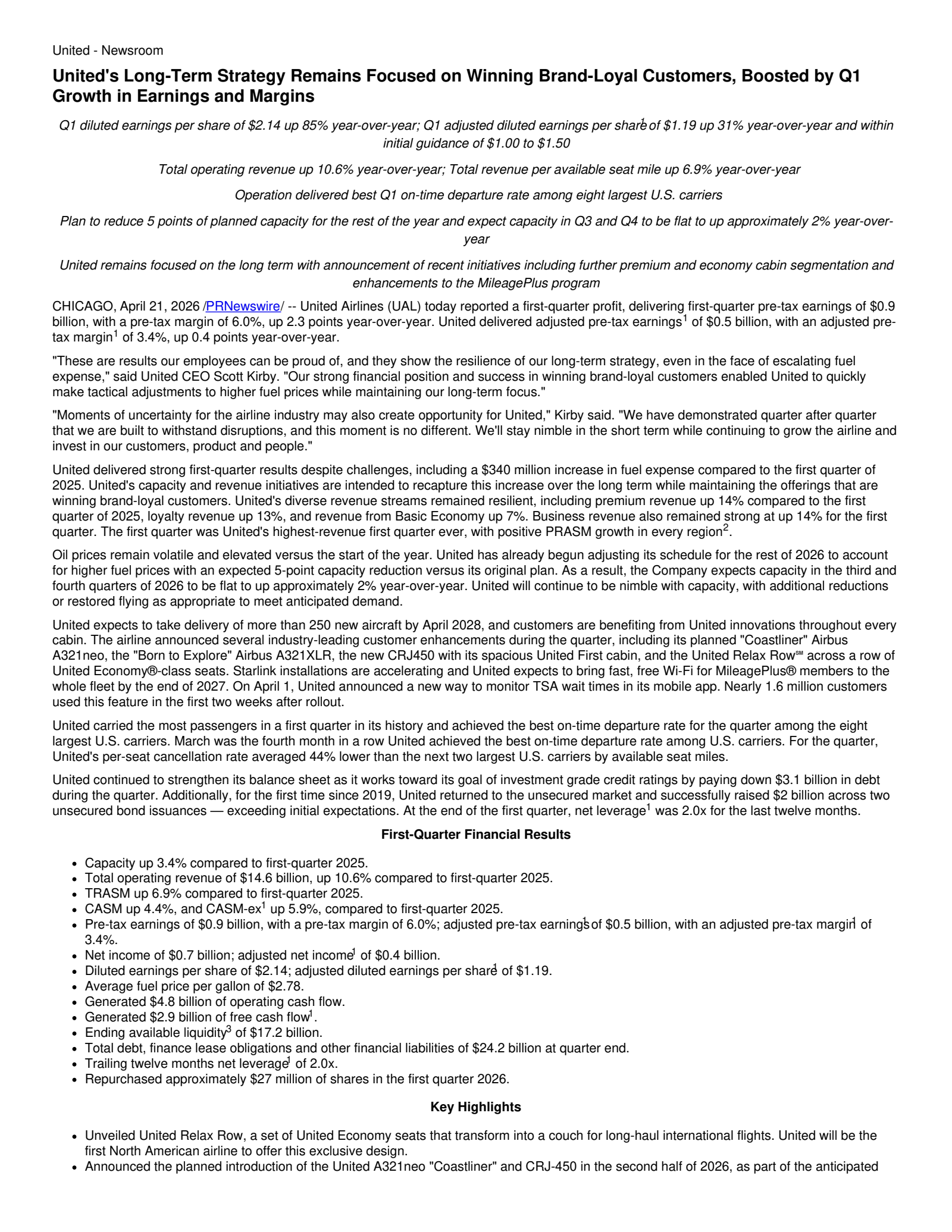 United Airlines' Q1 2026 Press Release
