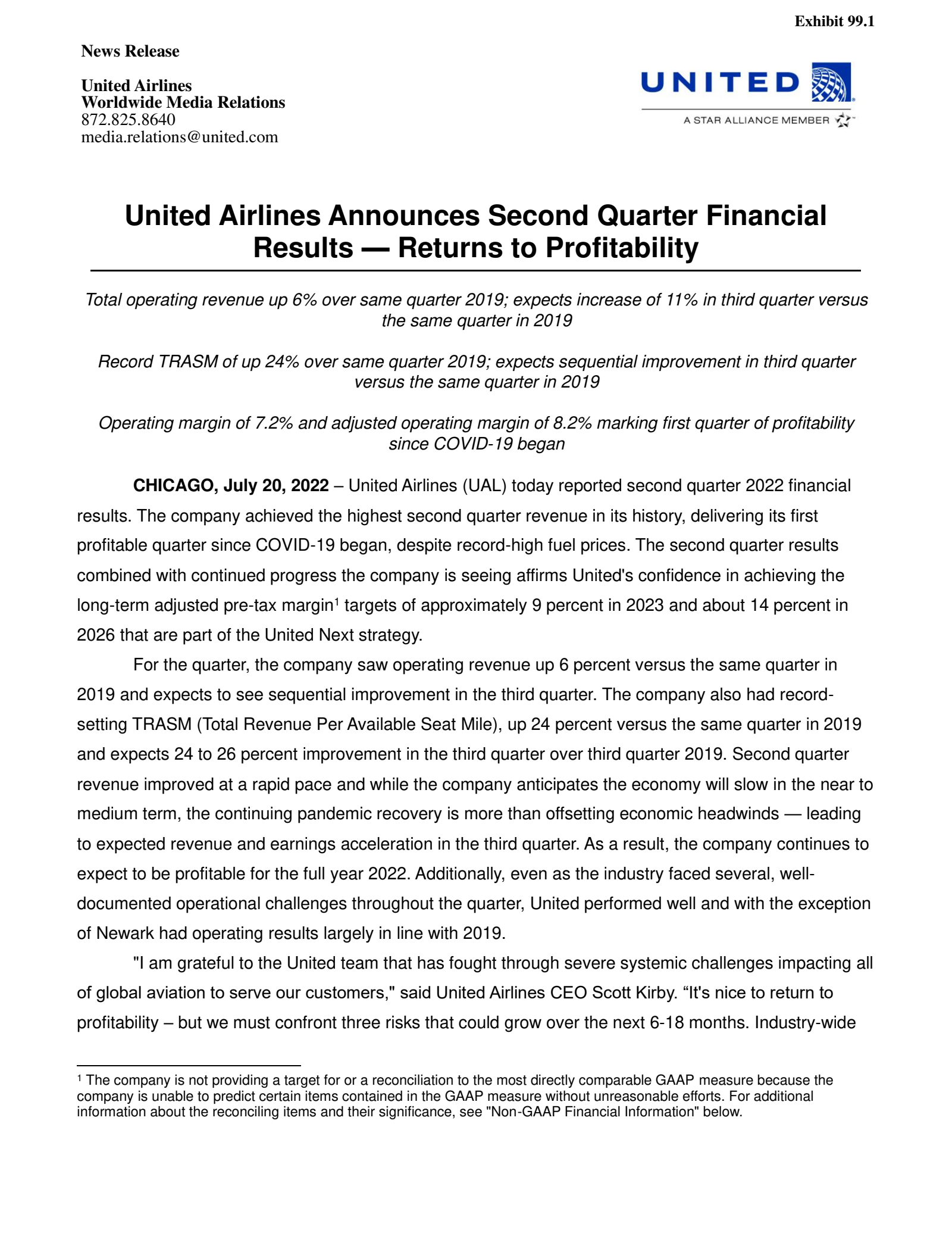 United Airlines' Q2 2022 Press Release