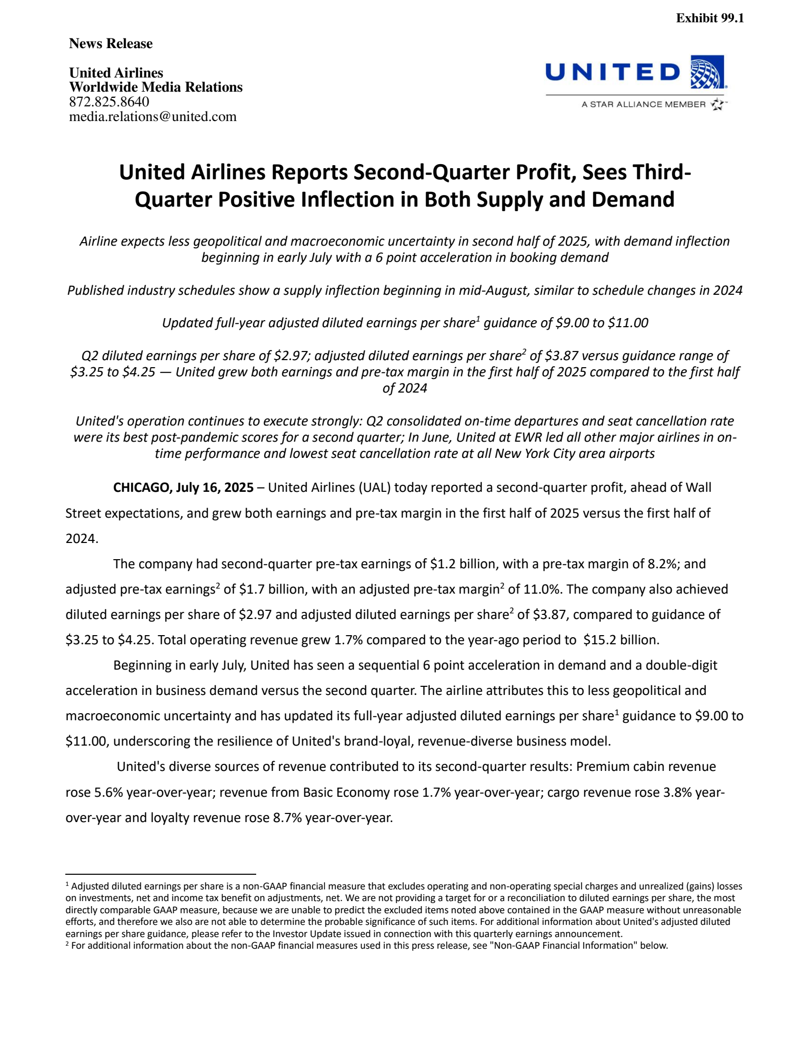 United Airlines' Q2 2025 Press Release