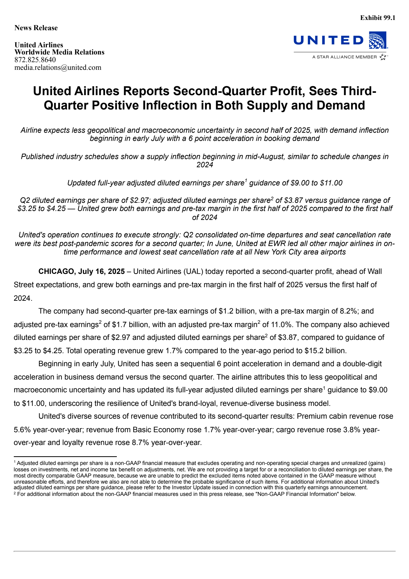 United Airlines' Q2 2025 Press Release