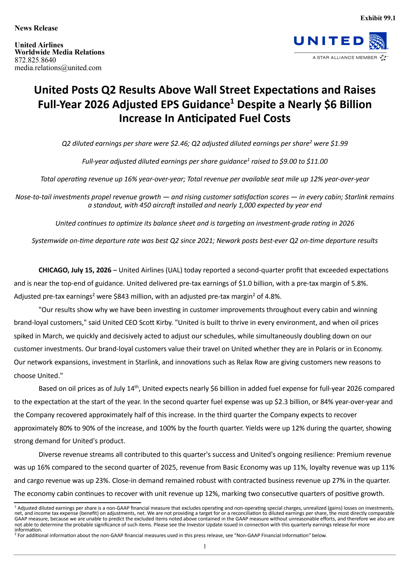 United Airlines' Q2 2026 Press Release