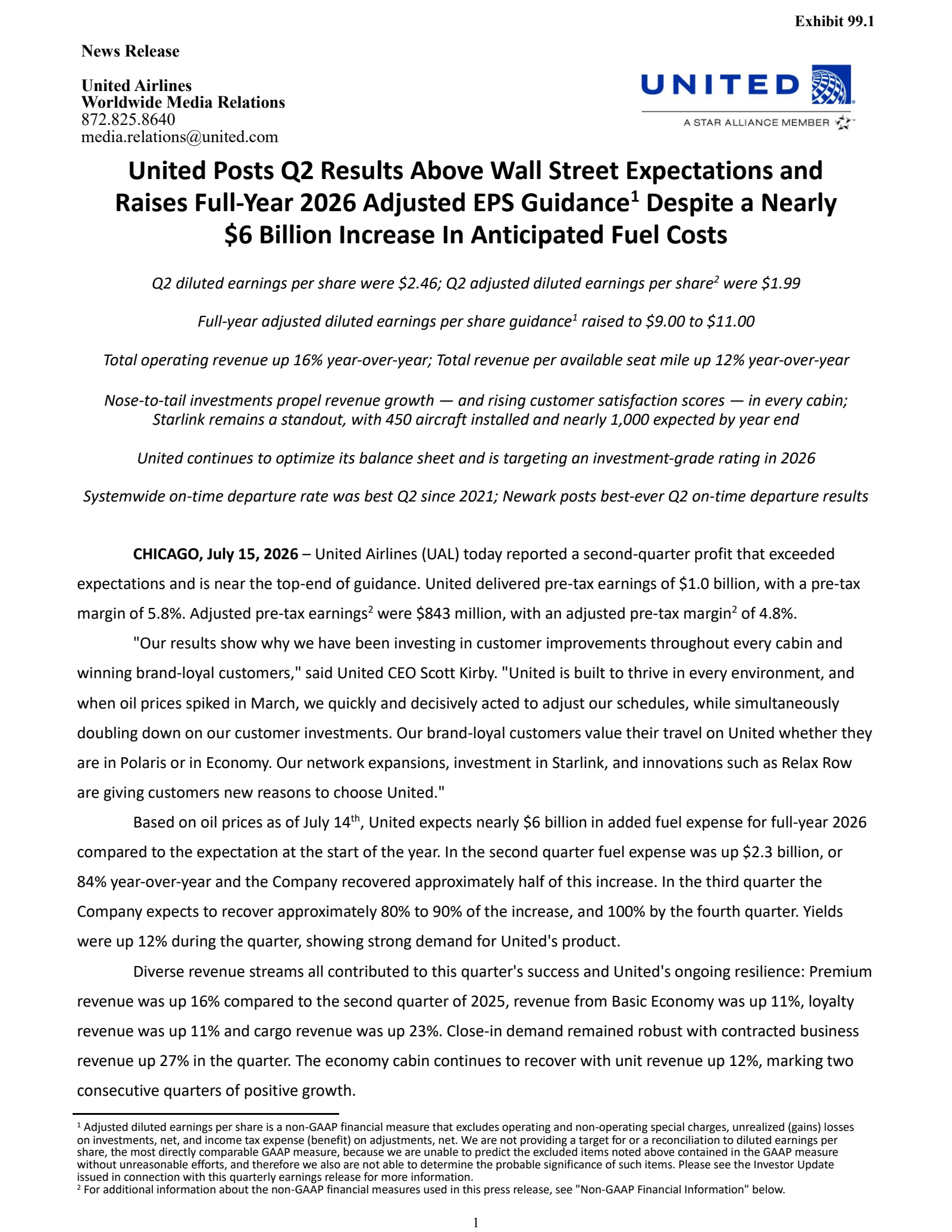 United Airlines' Q2 2026 Press Release