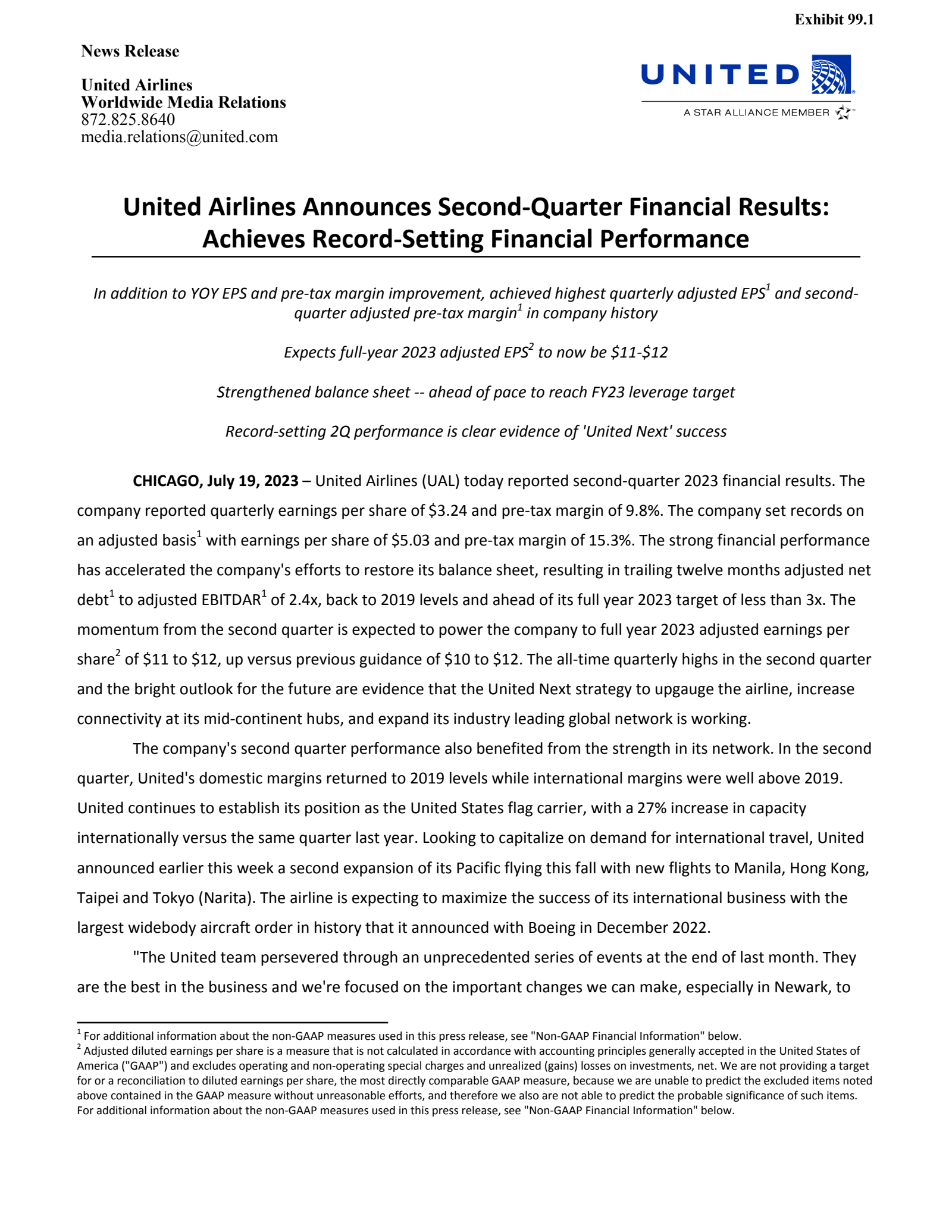 United Airlines' Q3 2023 Press Release