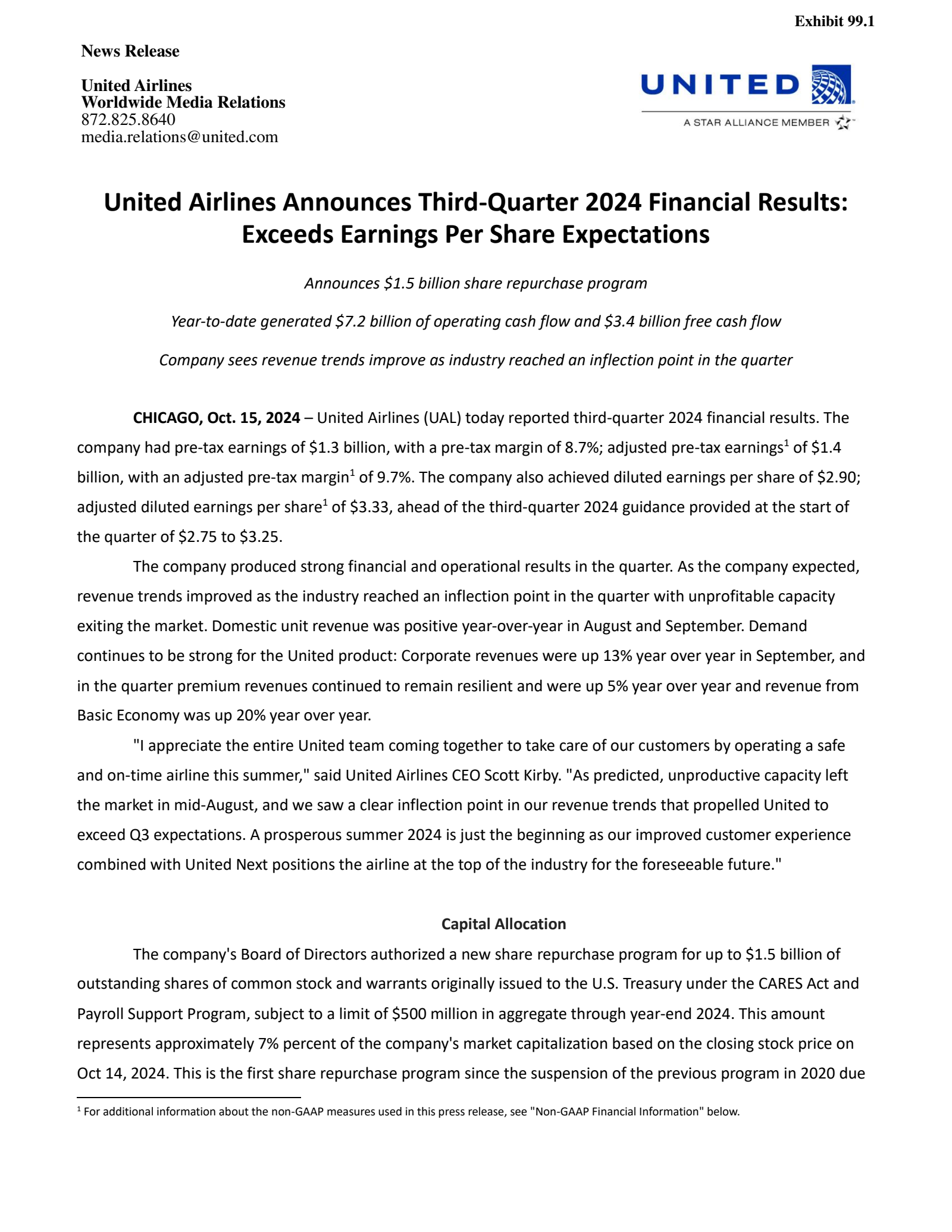 United Airlines' Q3 2024 Press Release