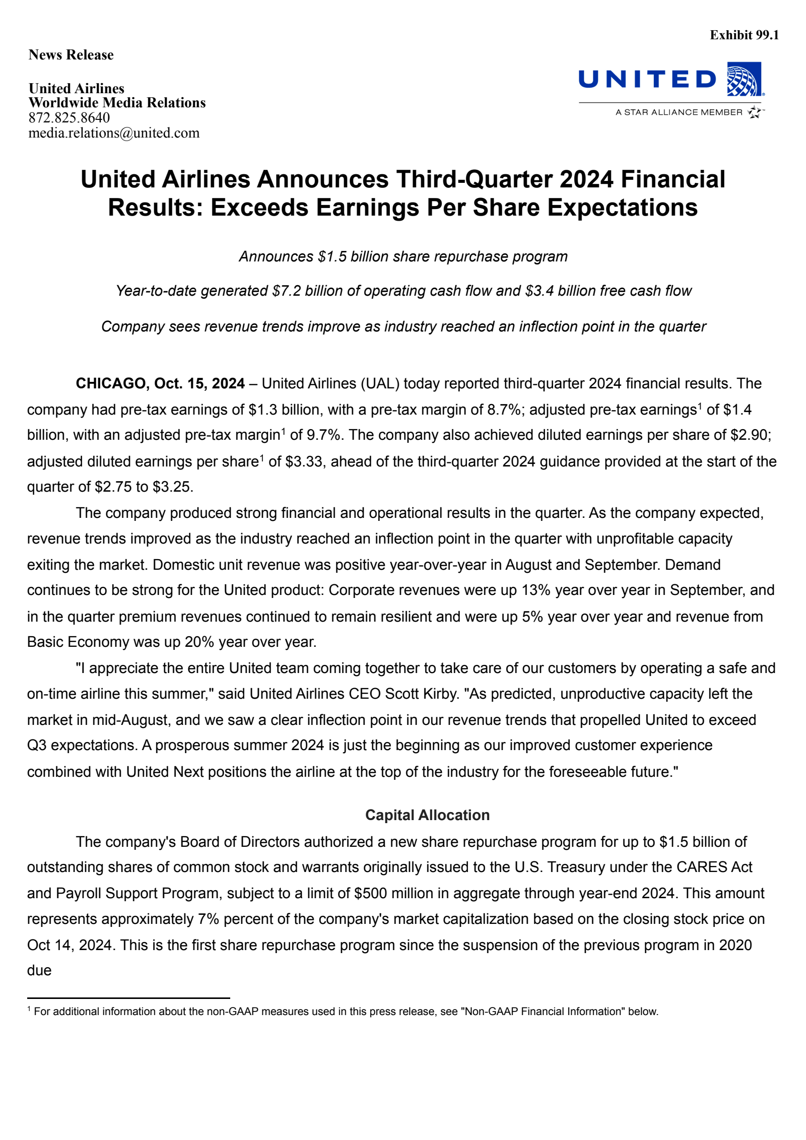 United Airlines' Q3 2024 Press Release