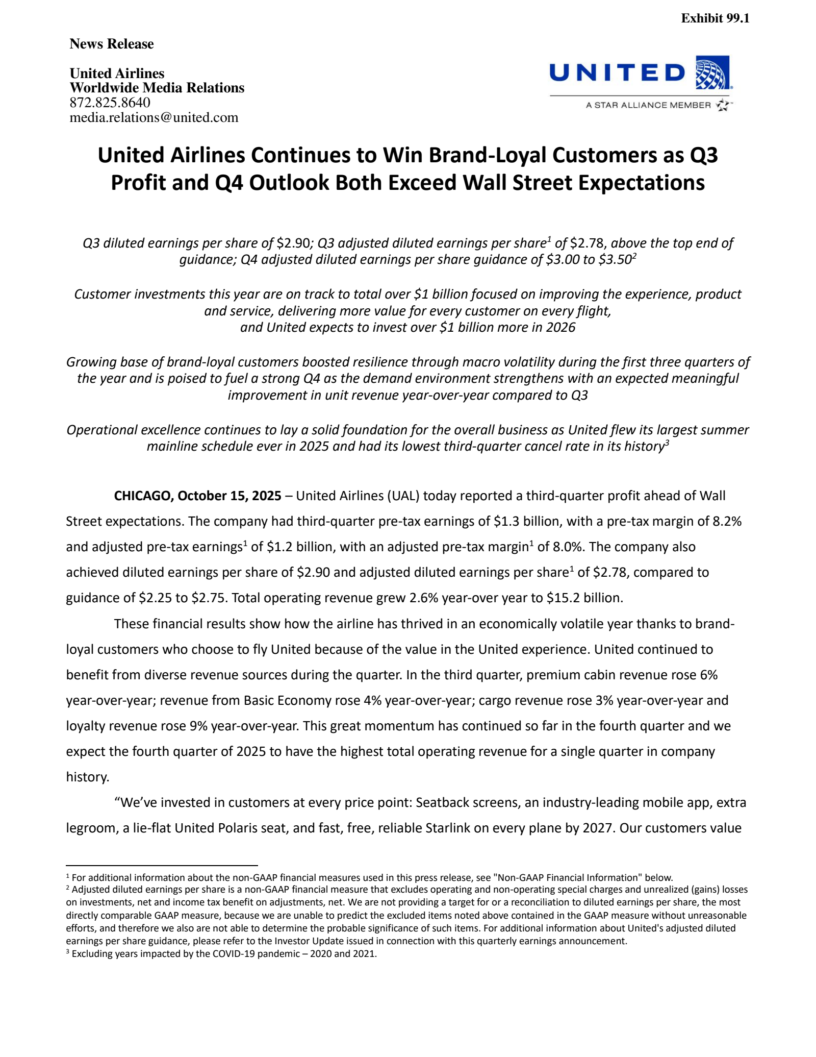 United Airlines' Q3 2025 Press Release