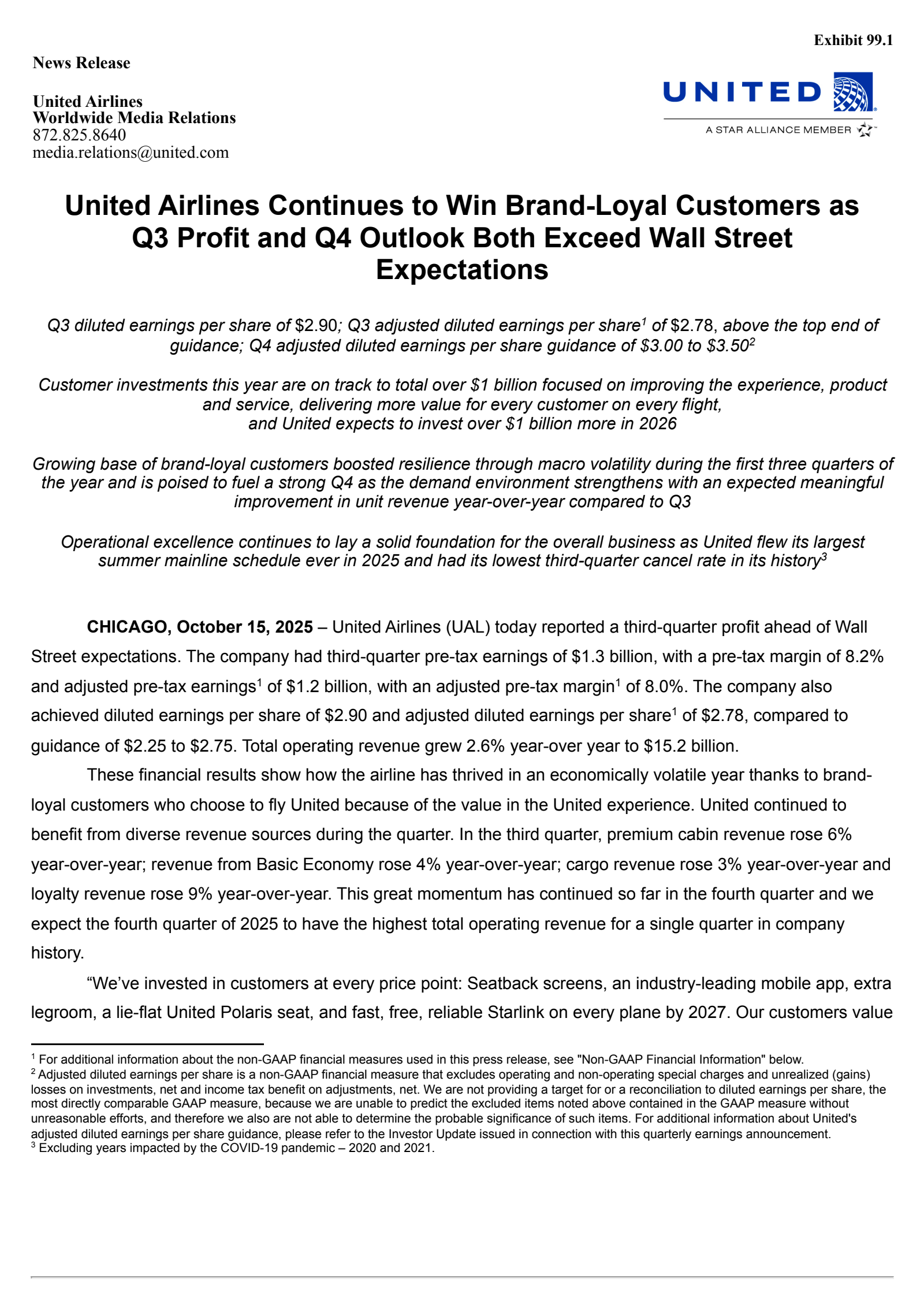 United Airlines' Q3 2025 Earnings Release
