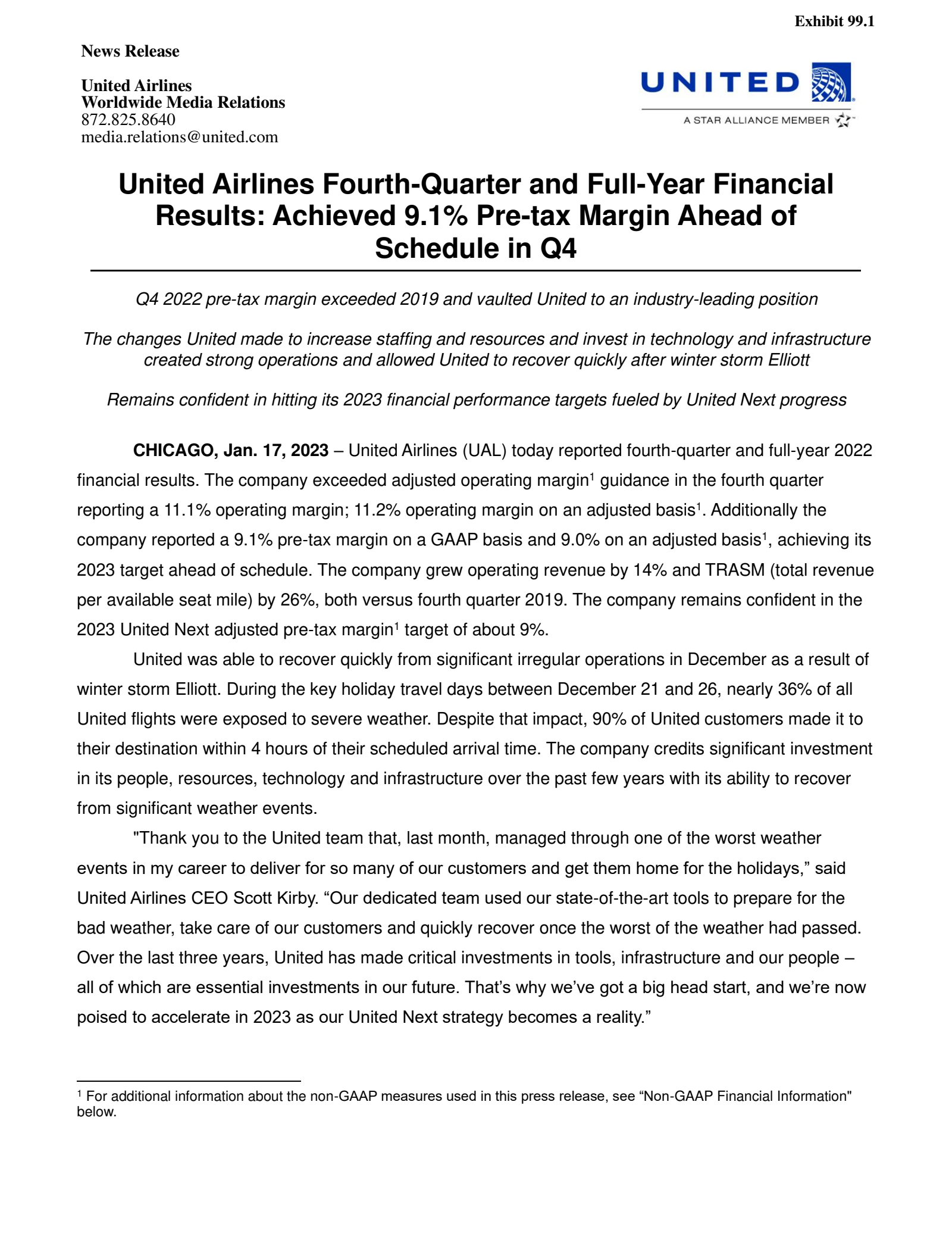 United Airlines' Q4 2022 Press Release