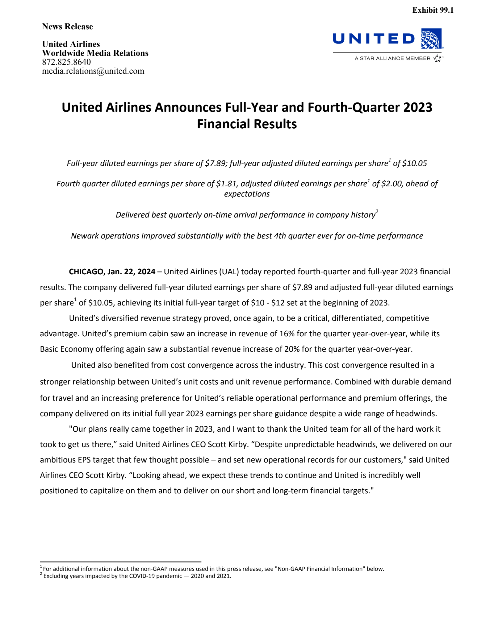 United Airlines' Q4 2023 Press Release