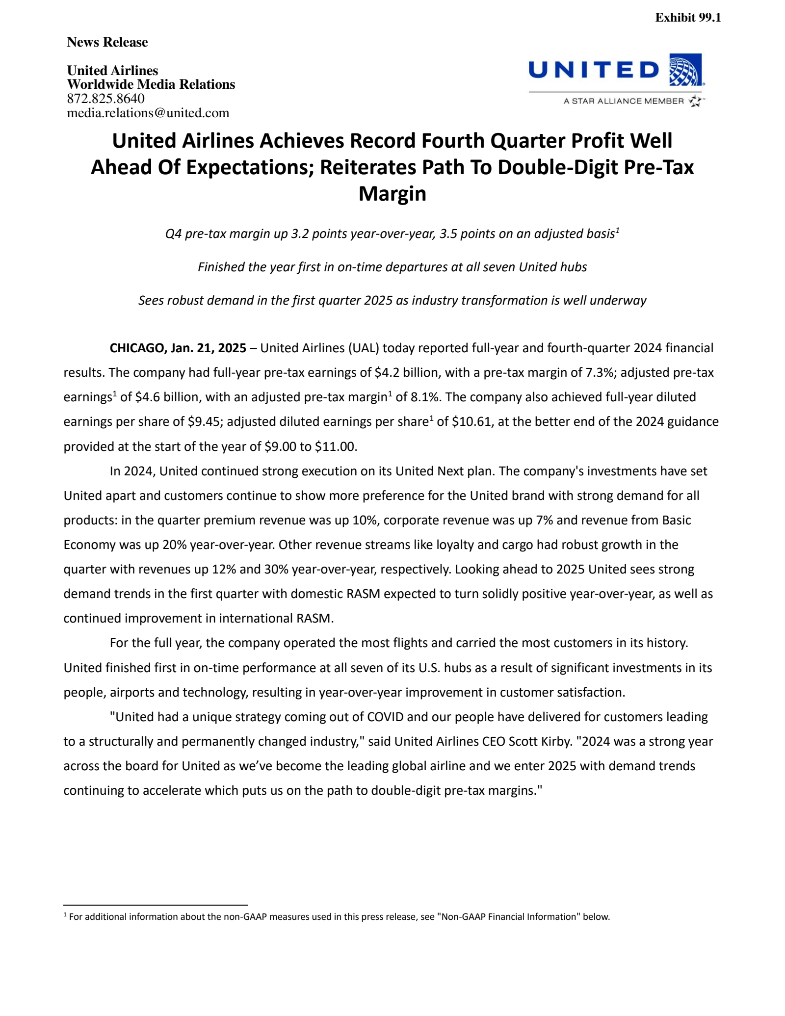 United Airlines' Q4 2024 Press Release