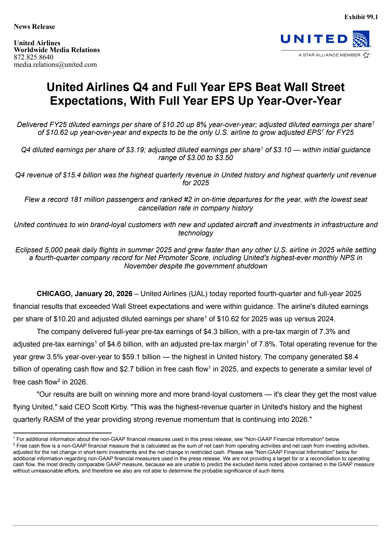 United Airlines' Q4 2025 Press Release