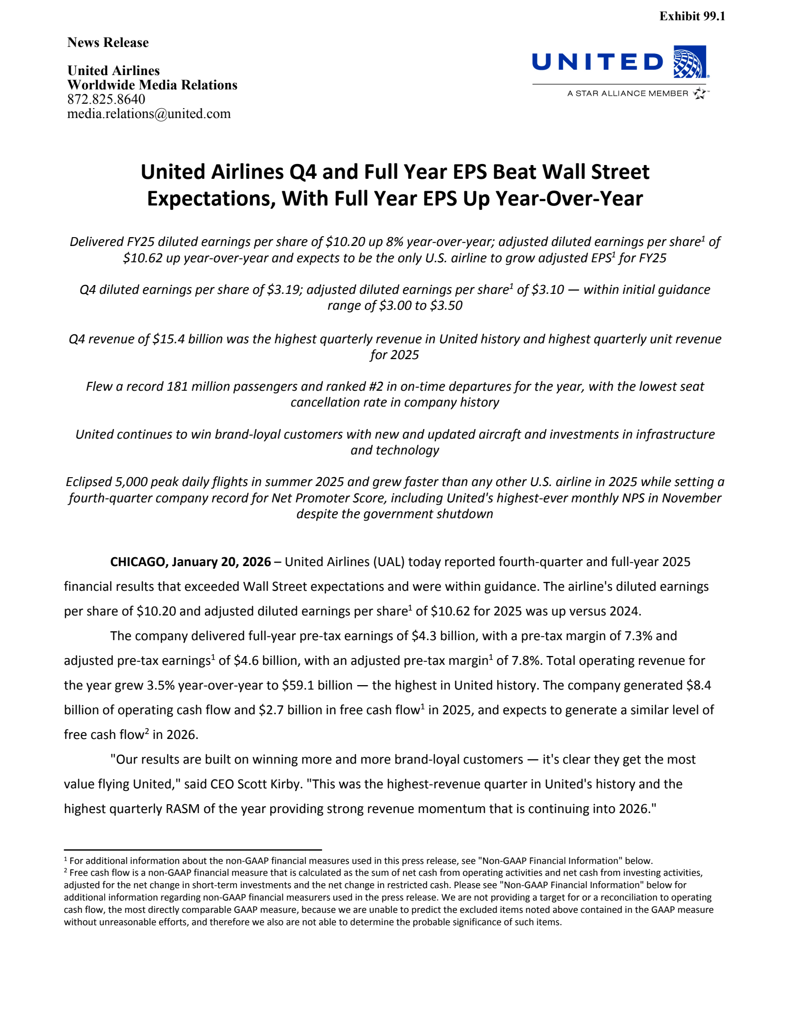 United Airlines' Q4 2025 Press Release
