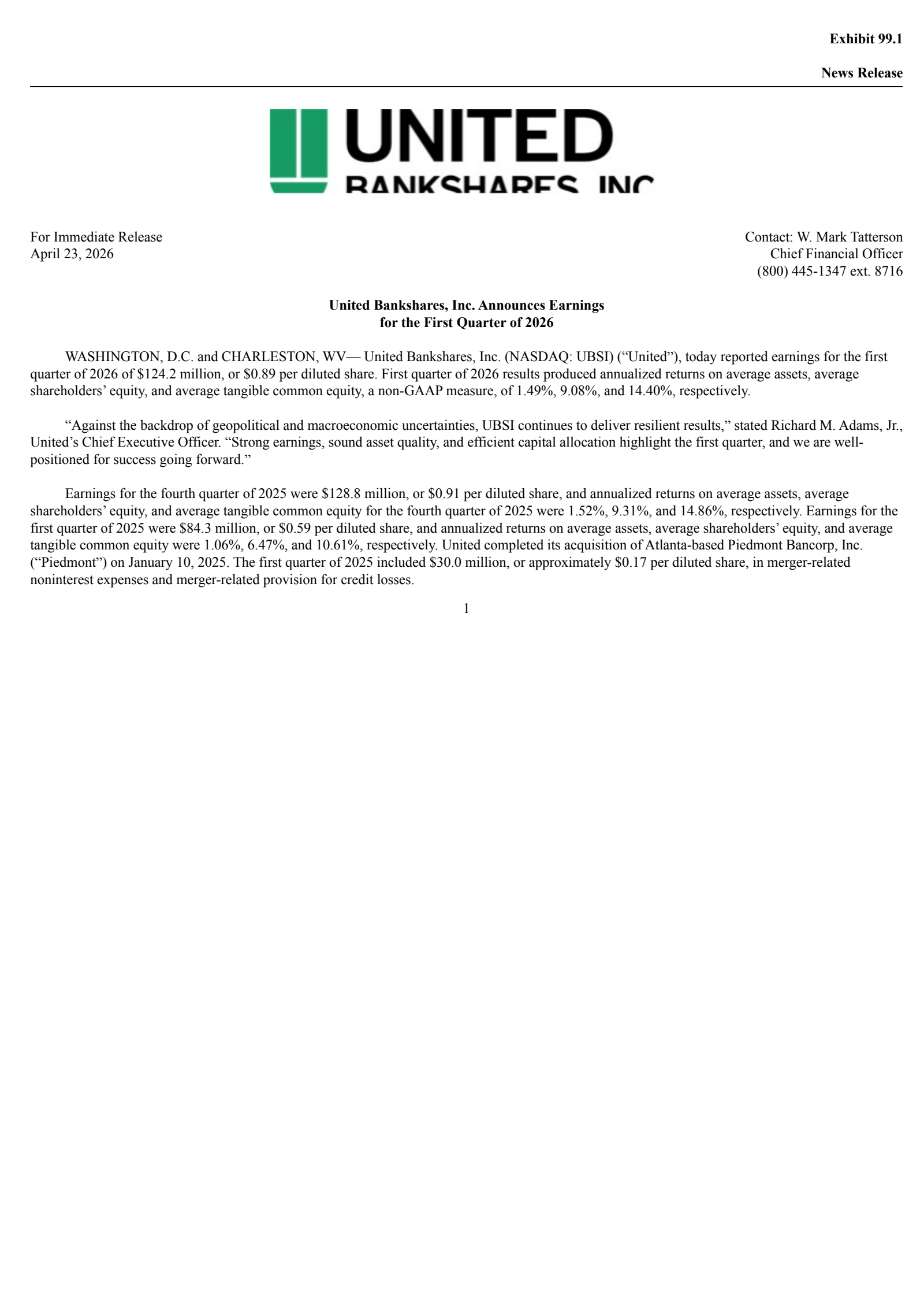 United Bankshares' Q1 2026 Press Release