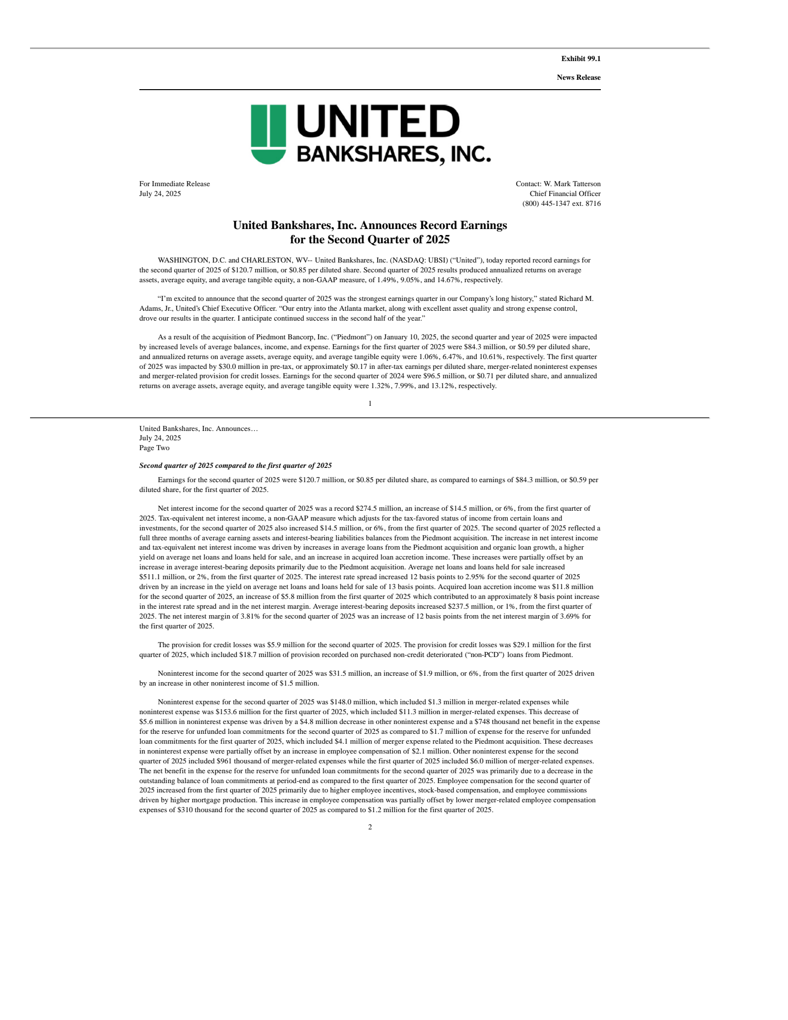 United Bankshares' Q2 2025 Press Release
